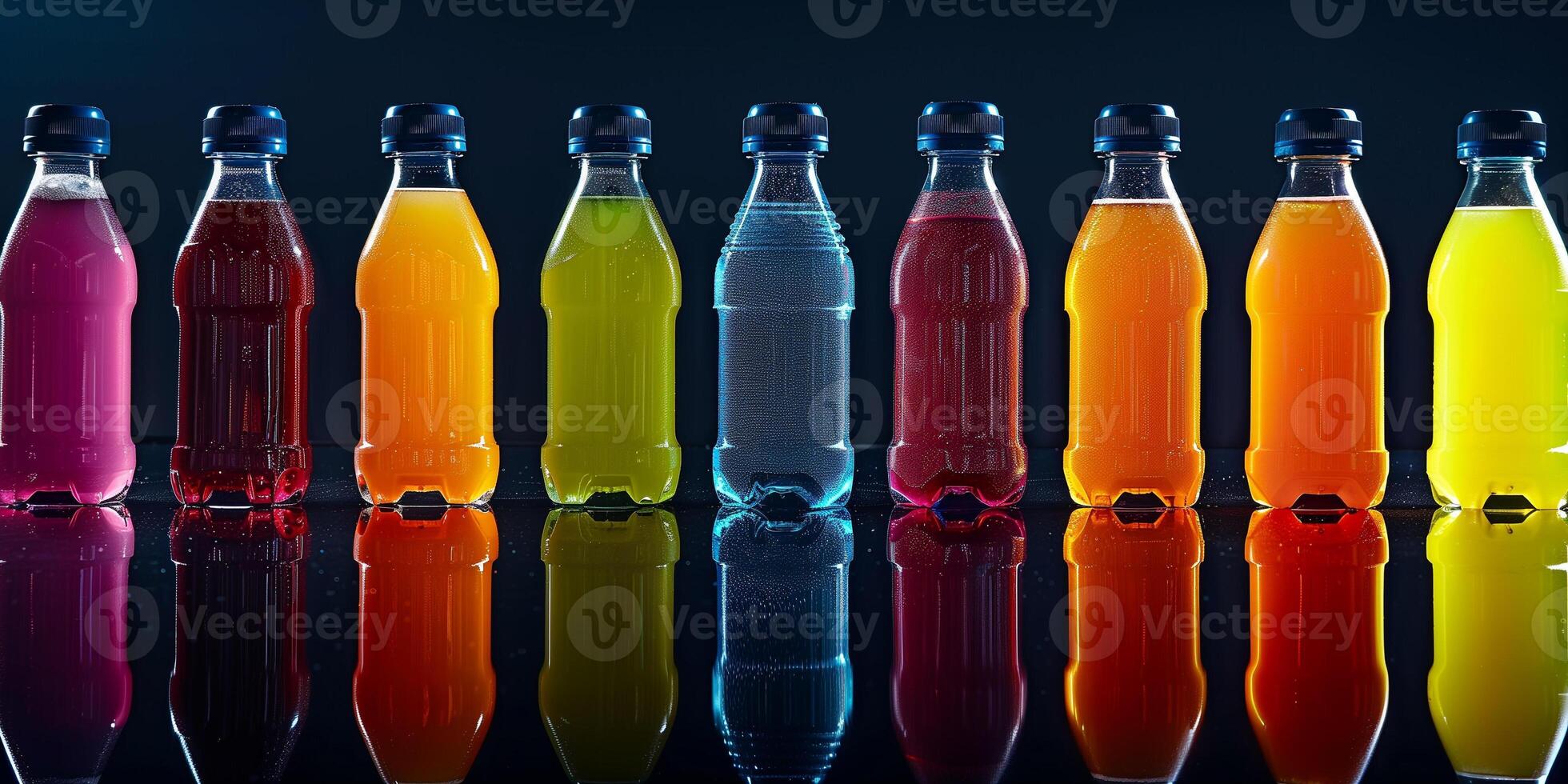 Multiple bottles of sports drinks arranged in a row on a reflective surface, photorealistic food photo