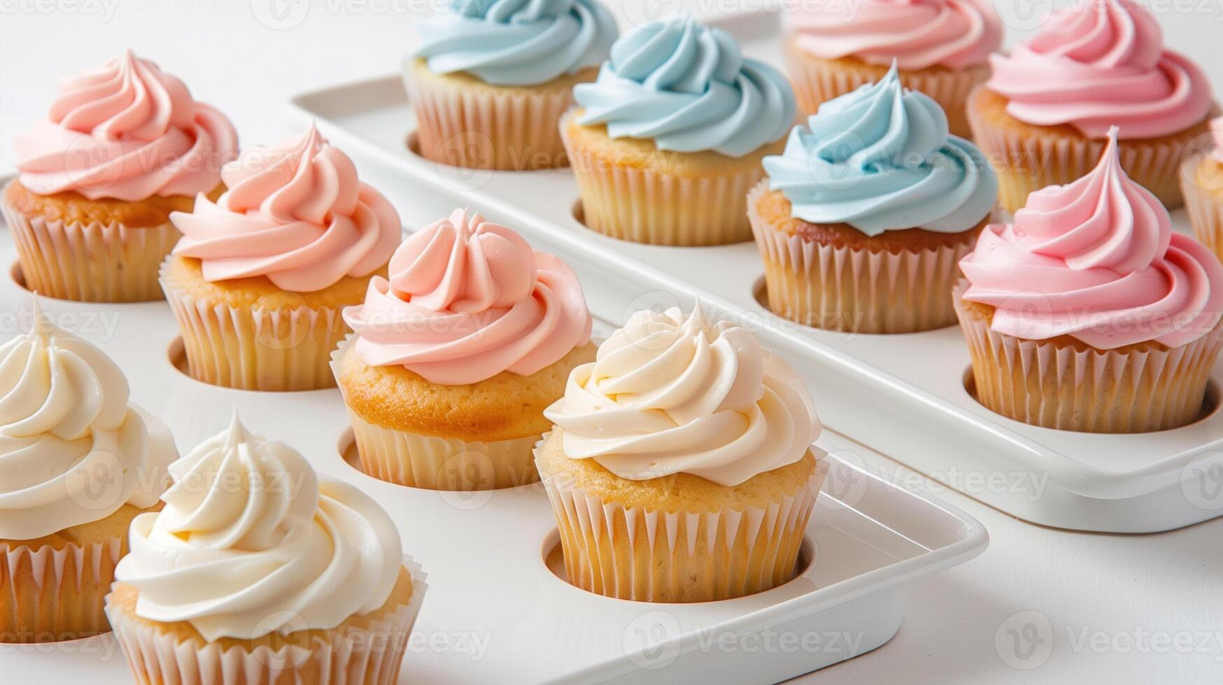 Multiple cupcakes with uniform frosting, arranged neatly on a plain white tray, photorealistic food photo