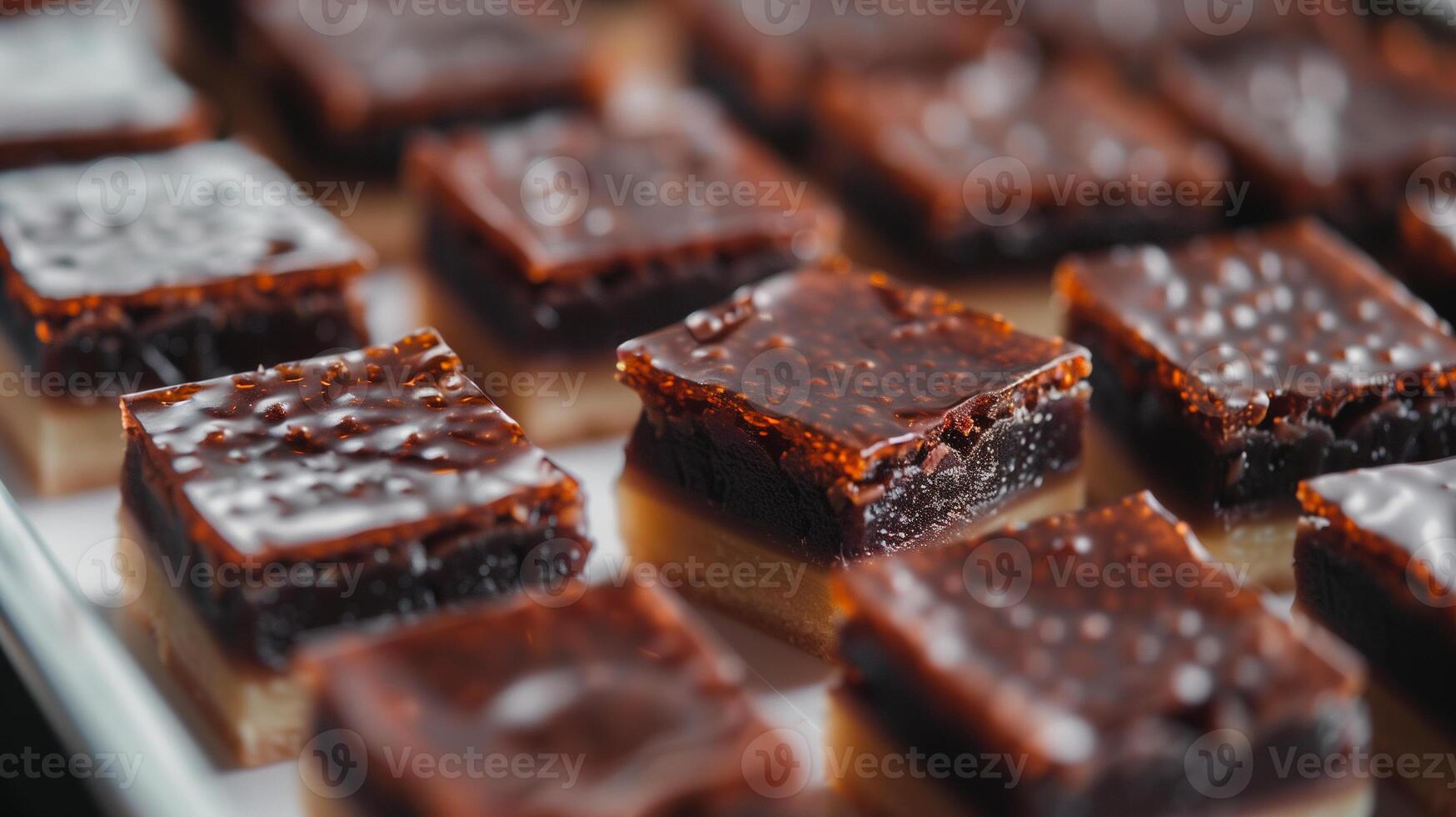 Pieces of red bean cake with dark filling arranged on a tray, gastronomy photography photo