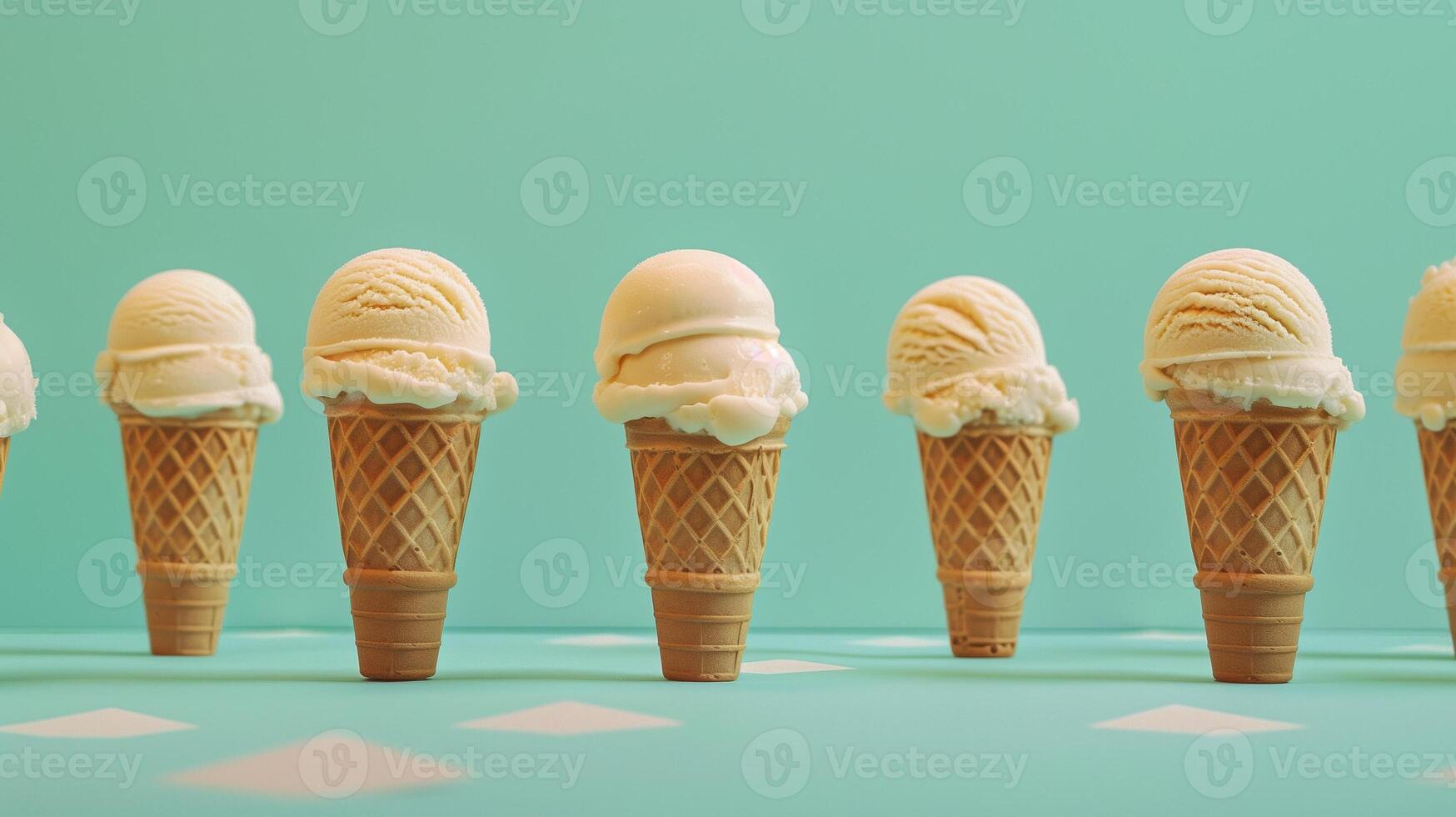 Several ice cream cones arranged in a neat row on a plain surface, photorealistic food photo