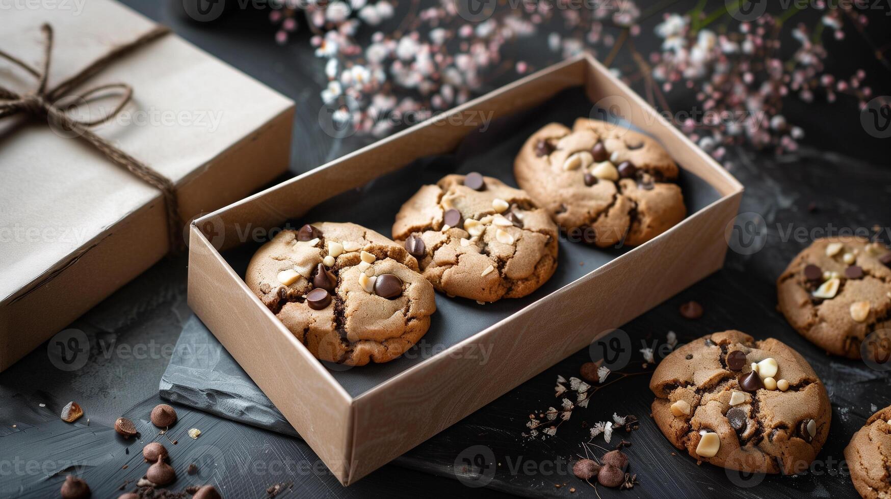 Specialty cookies placed in an open rectangular box with a simple design, photorealistic food photo