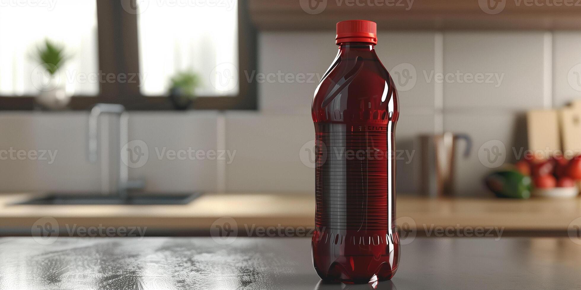 Sports drink bottle with twist-off cap on a smooth countertop, gastronomy photography photo