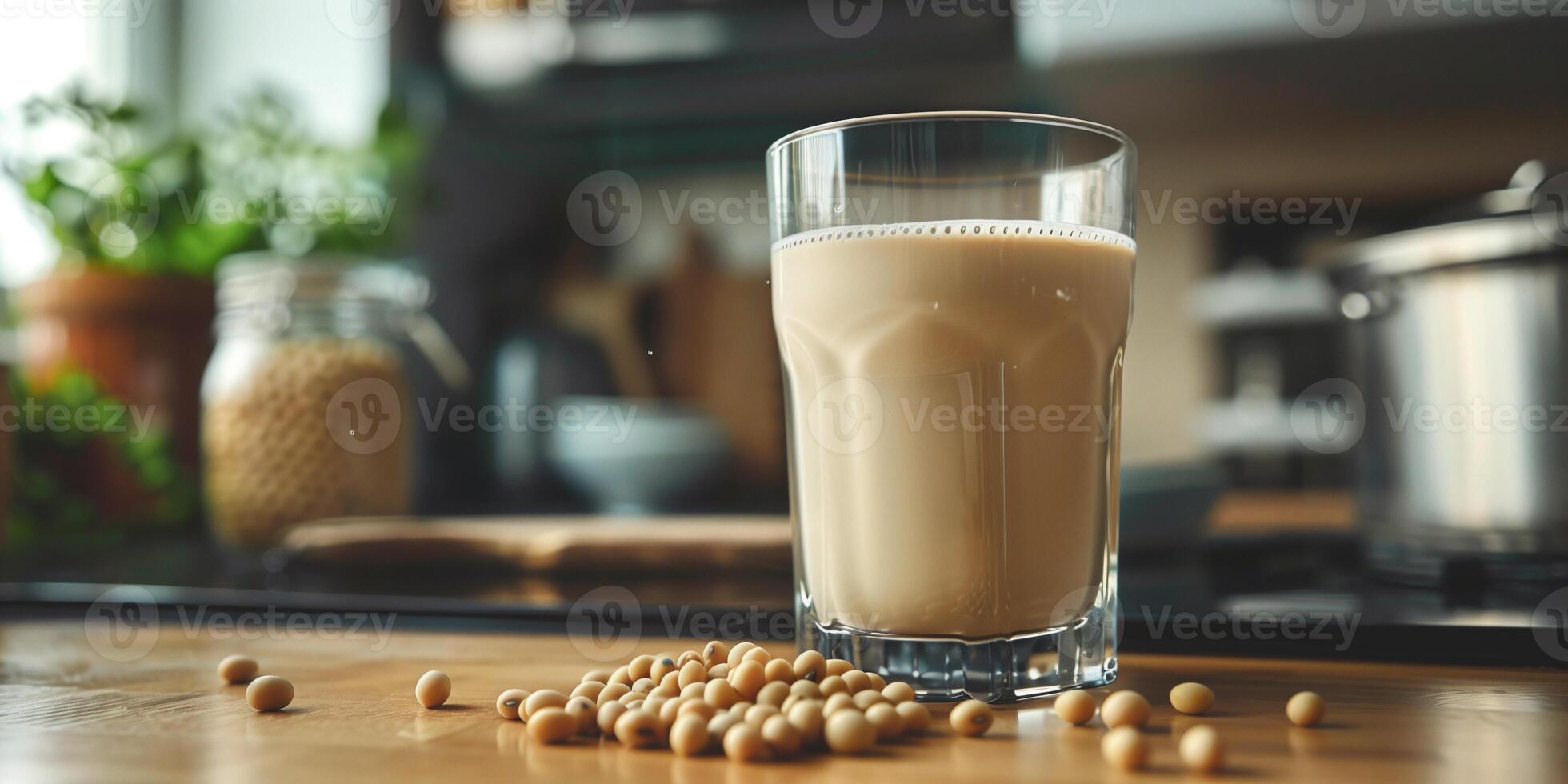 Soy milk in a transparent glass next to a handful of soybeans on a kitchen counter, photorealistic food photo