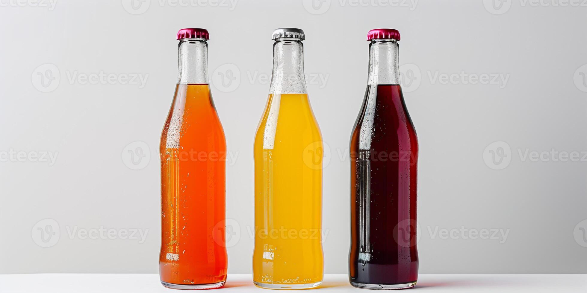 Three identical glass bottles with different colored drinks, standing in a row on a white surface, gastronomy photography photo