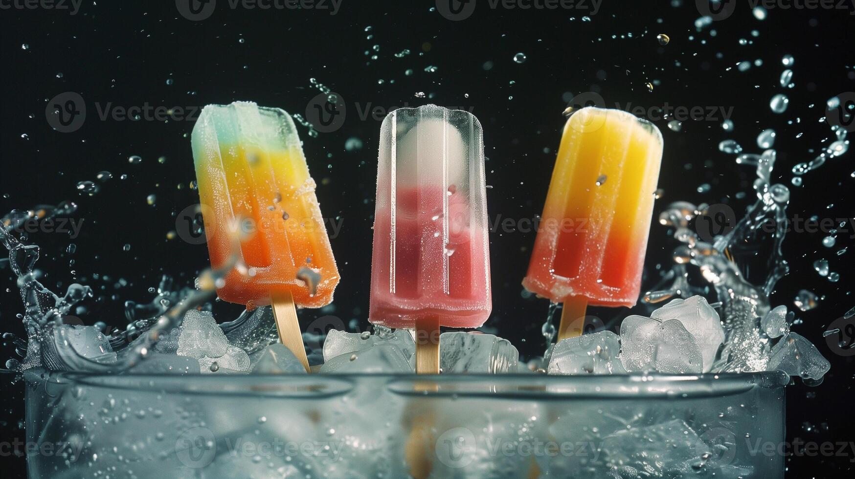 Three ice pops upright in a glass container with ice cubes and water, photorealistic food photo