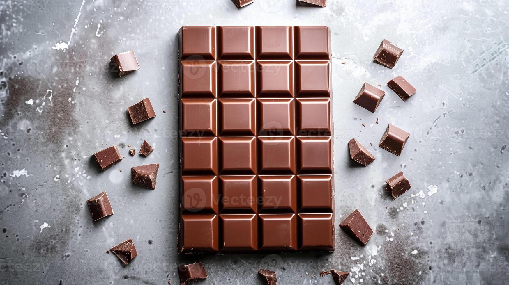 Unwrapped milk chocolate bar with a smooth surface, neatly divided into even rectangular pieces, gastronomy photography photo