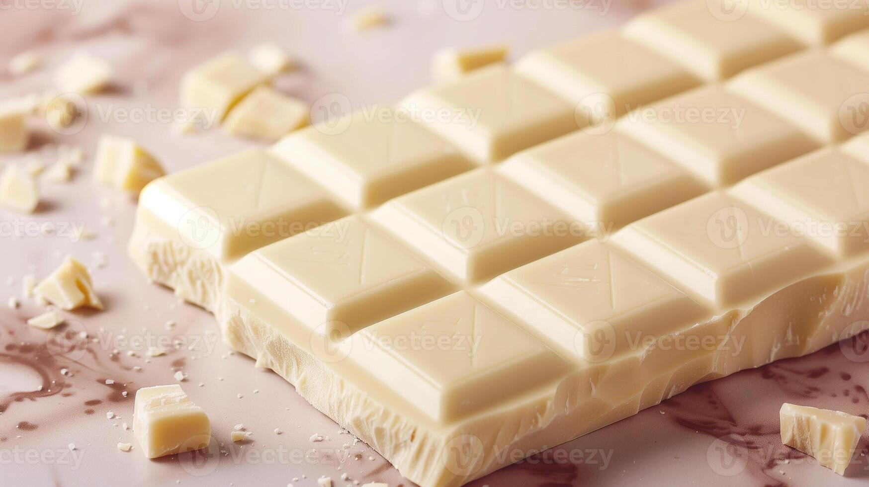 Unwrapped white chocolate bar, smooth surface, divided into small, even rectangular pieces, photorealistic food photo