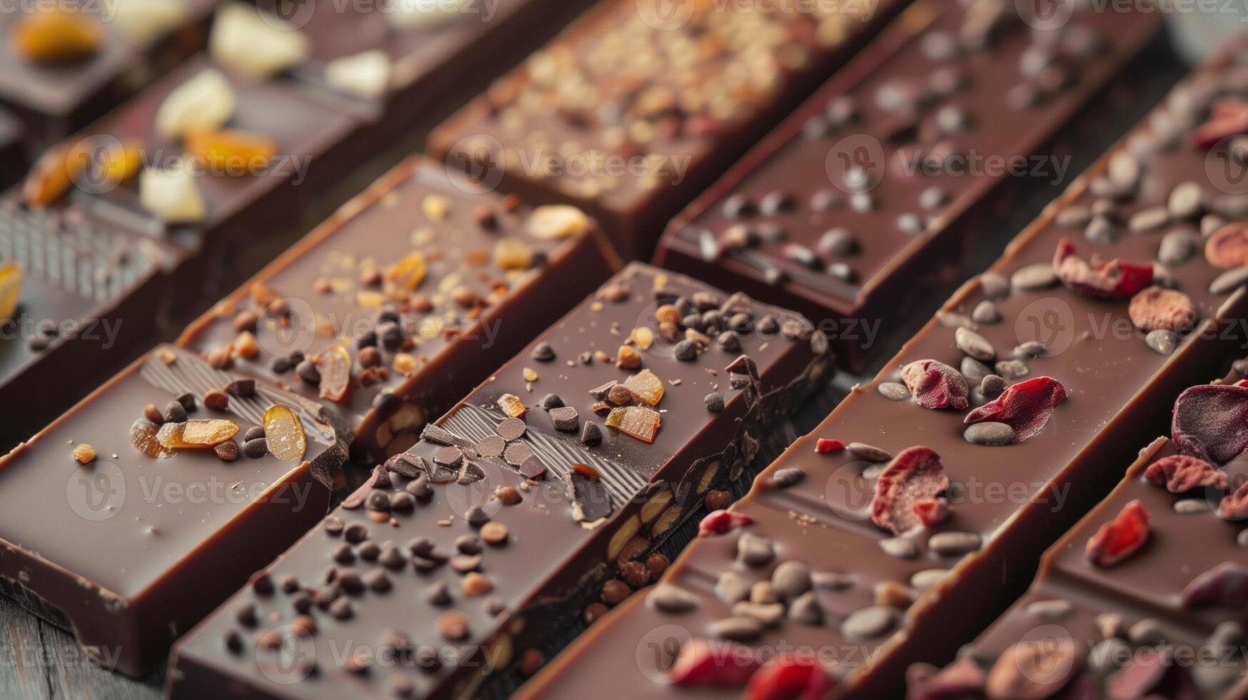 Unwrapped flavored chocolate bar focusing on embedded flavor pieces in broken sections, photorealistic food photo