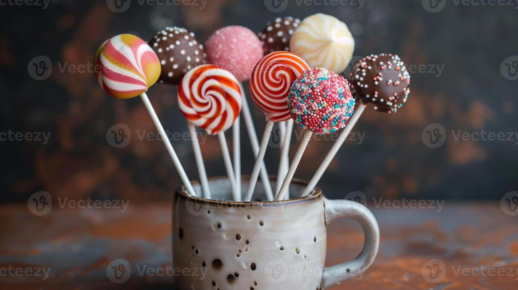 Various lollipops with long white sticks standing in a small ceramic cup, photorealistic food photo
