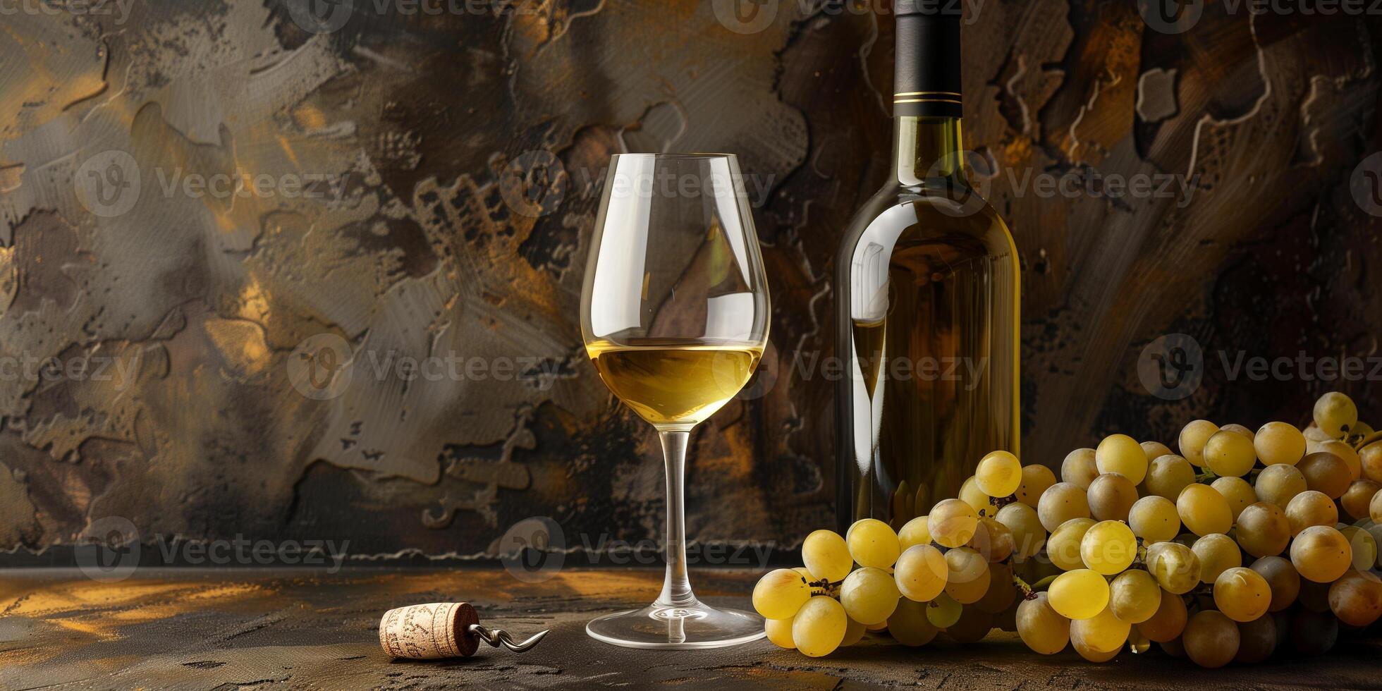 White wine in a glass, next to an uncorked bottle and a bunch of grapes, meal photography photo