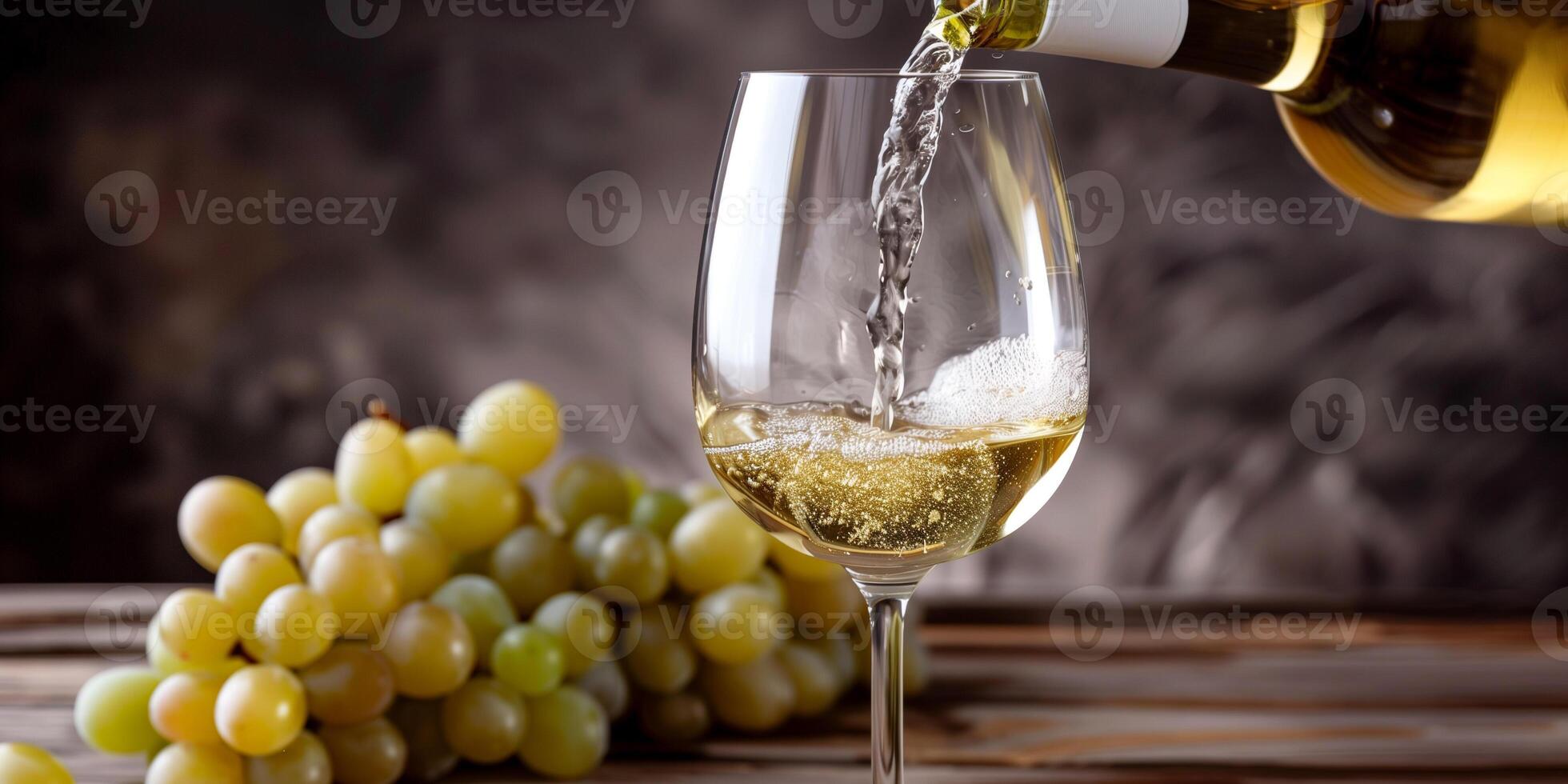 White wine in a glass, alongside an open bottle and a bunch of grapes, photorealistic food photo