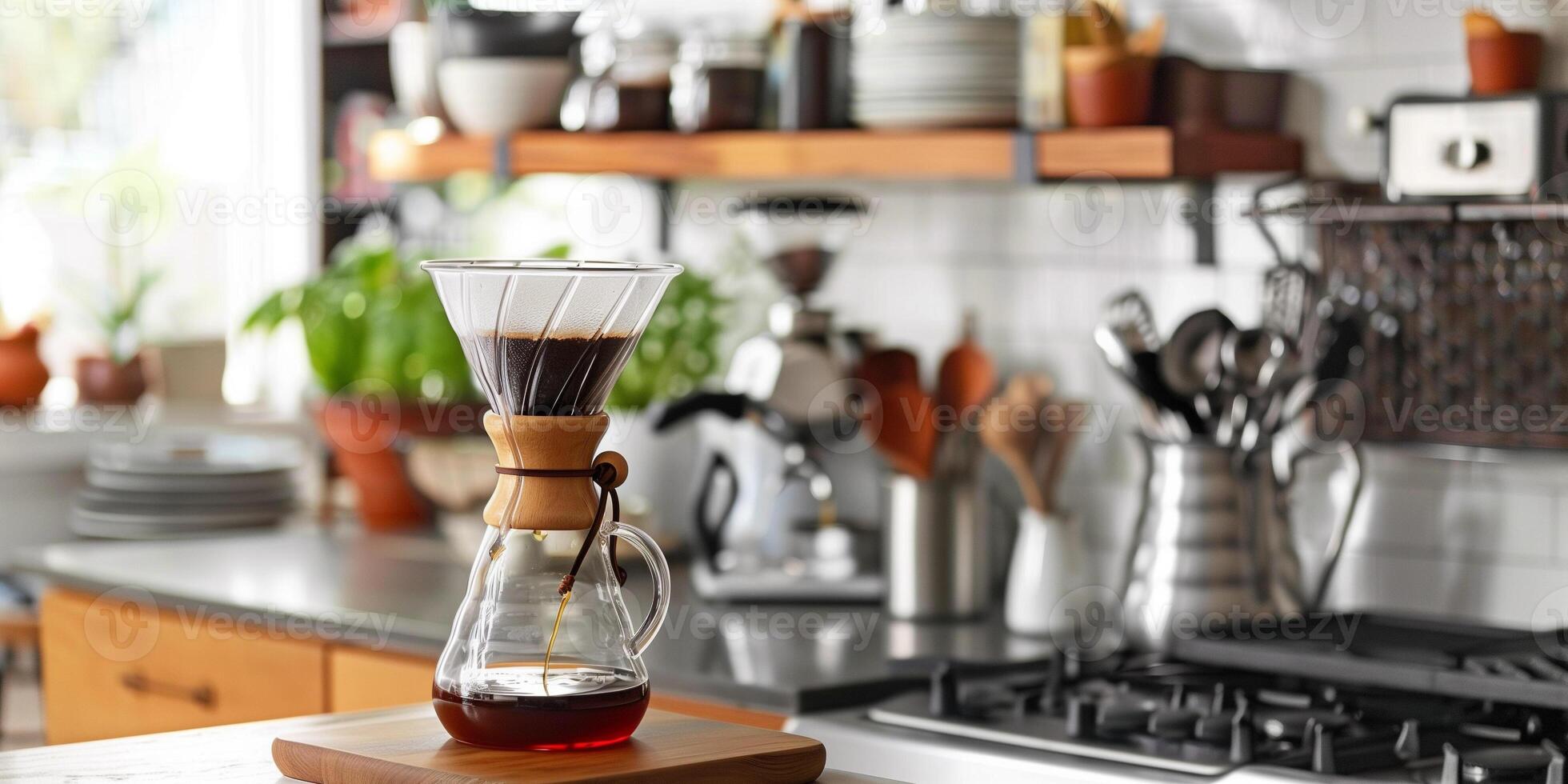 Pour-over setup with a coffee dripper and a glass carafe on a kitchen countertop, meal photography photo