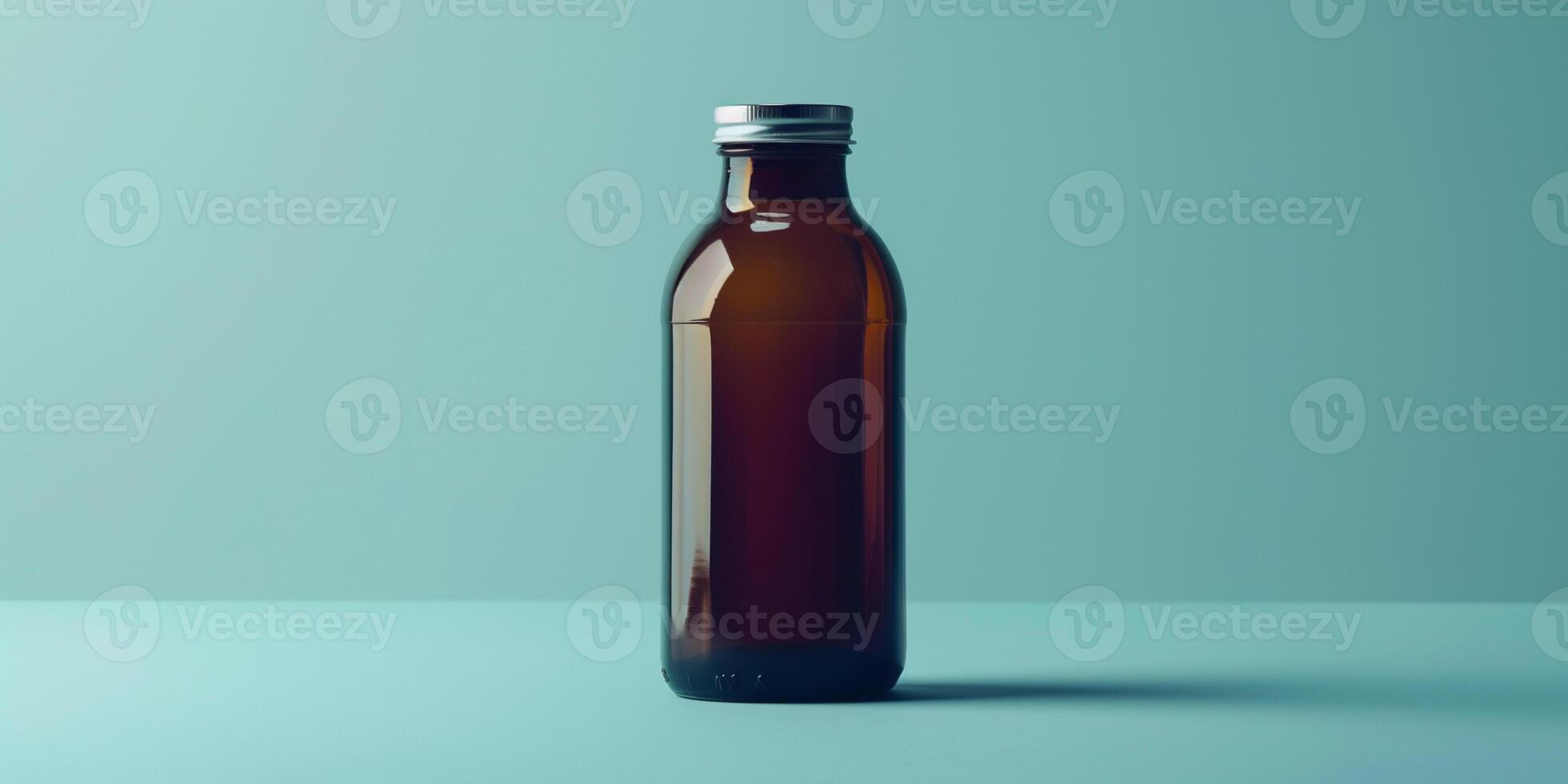 Probiotic drink bottle with screw cap, filled with dark liquid, on plain background, food setting photo
