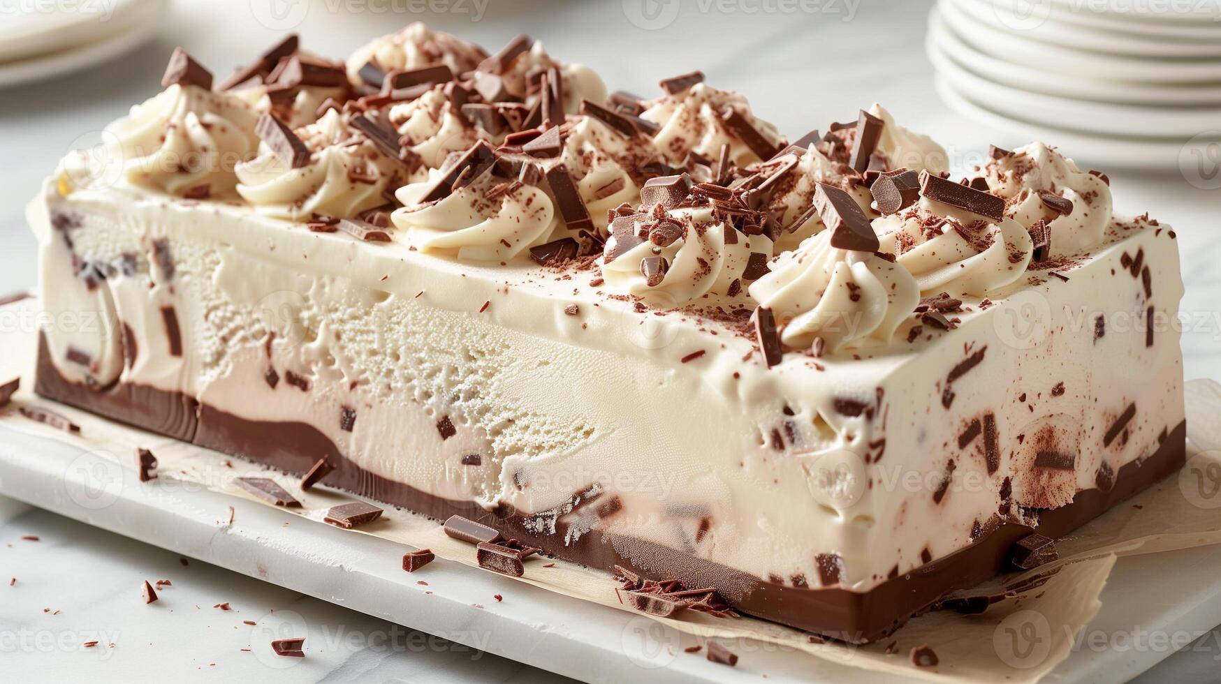 Rectangular ice cream cake with piped cream edges and chocolate pieces on top, meal photography photo