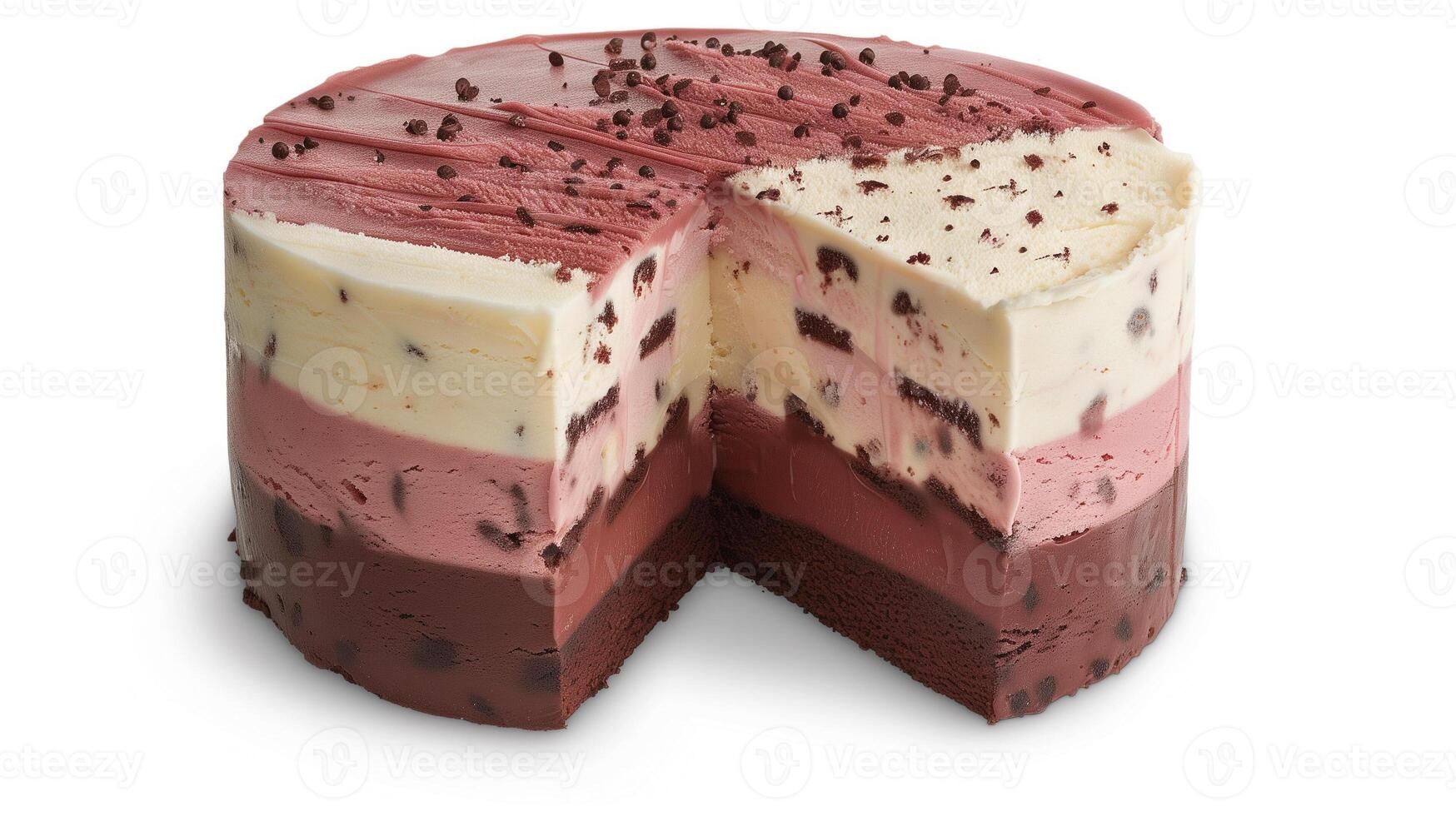 Round cake with alternating ice cream and cake layers in cross-section, meal photography photo