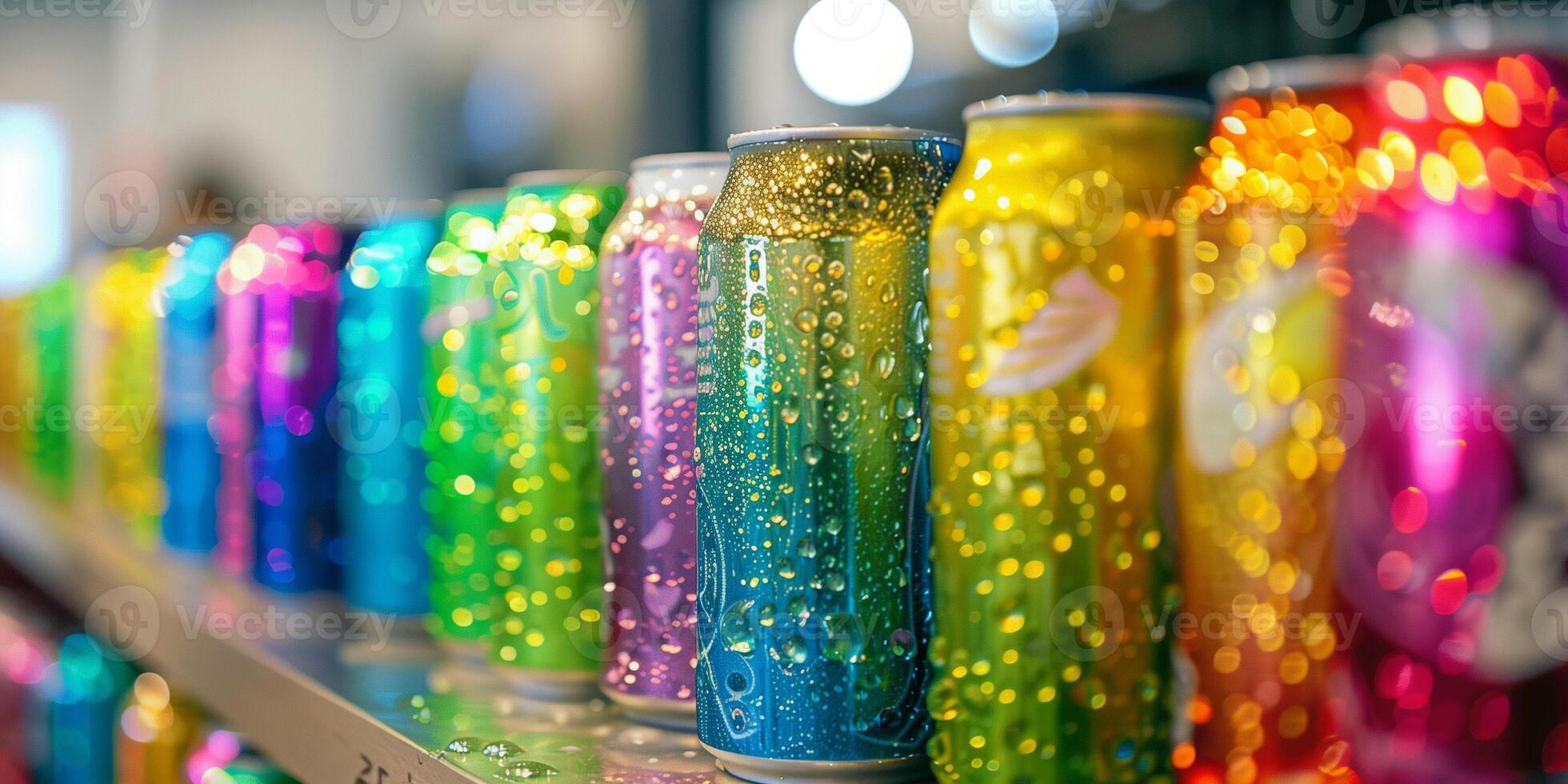Row of assorted sparkling water cans with different colors and flavors, lined up on a shelf, food setting photo