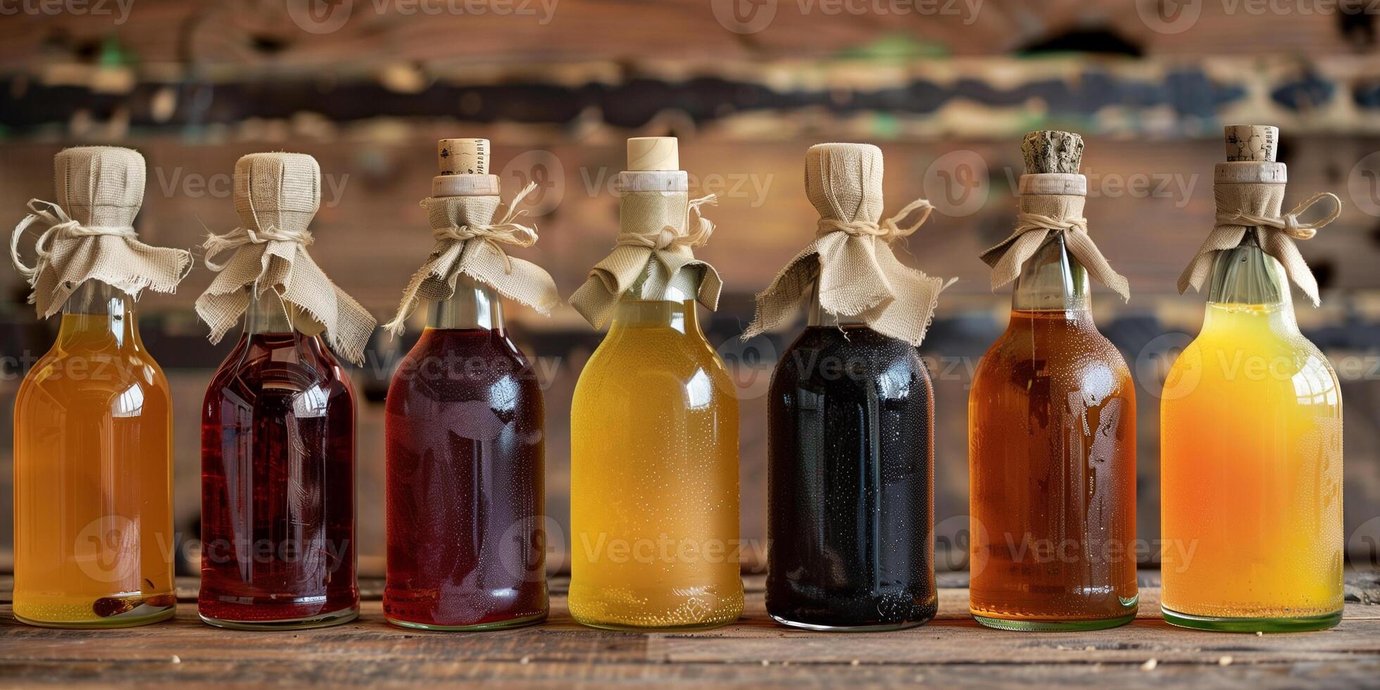 Row of assorted fermented beverage bottles with unique labels on wooden surface, meal photography photo