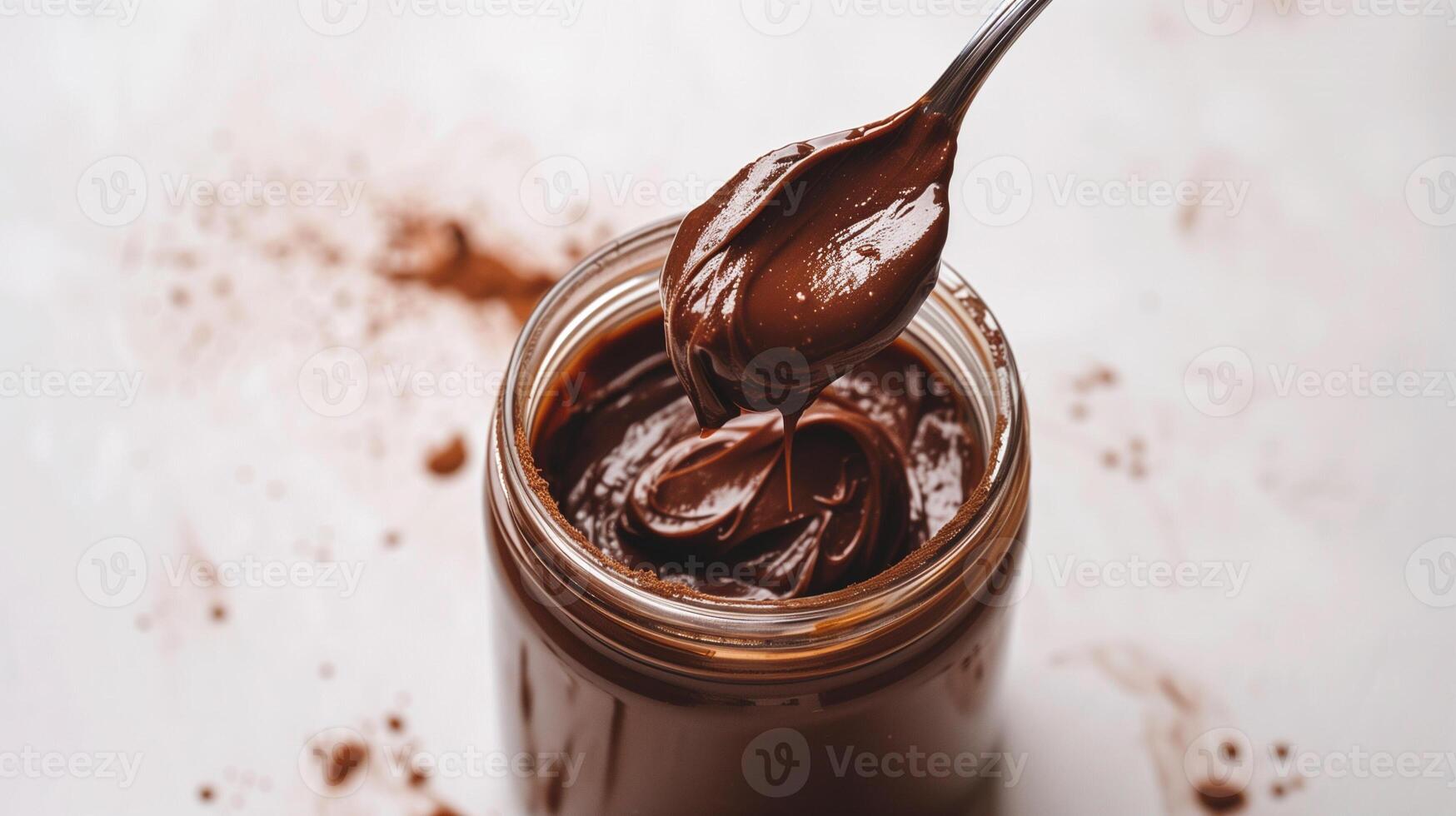 Spoon dipped into a jar of chocolate spread, placed on a plain white background, food setting photo
