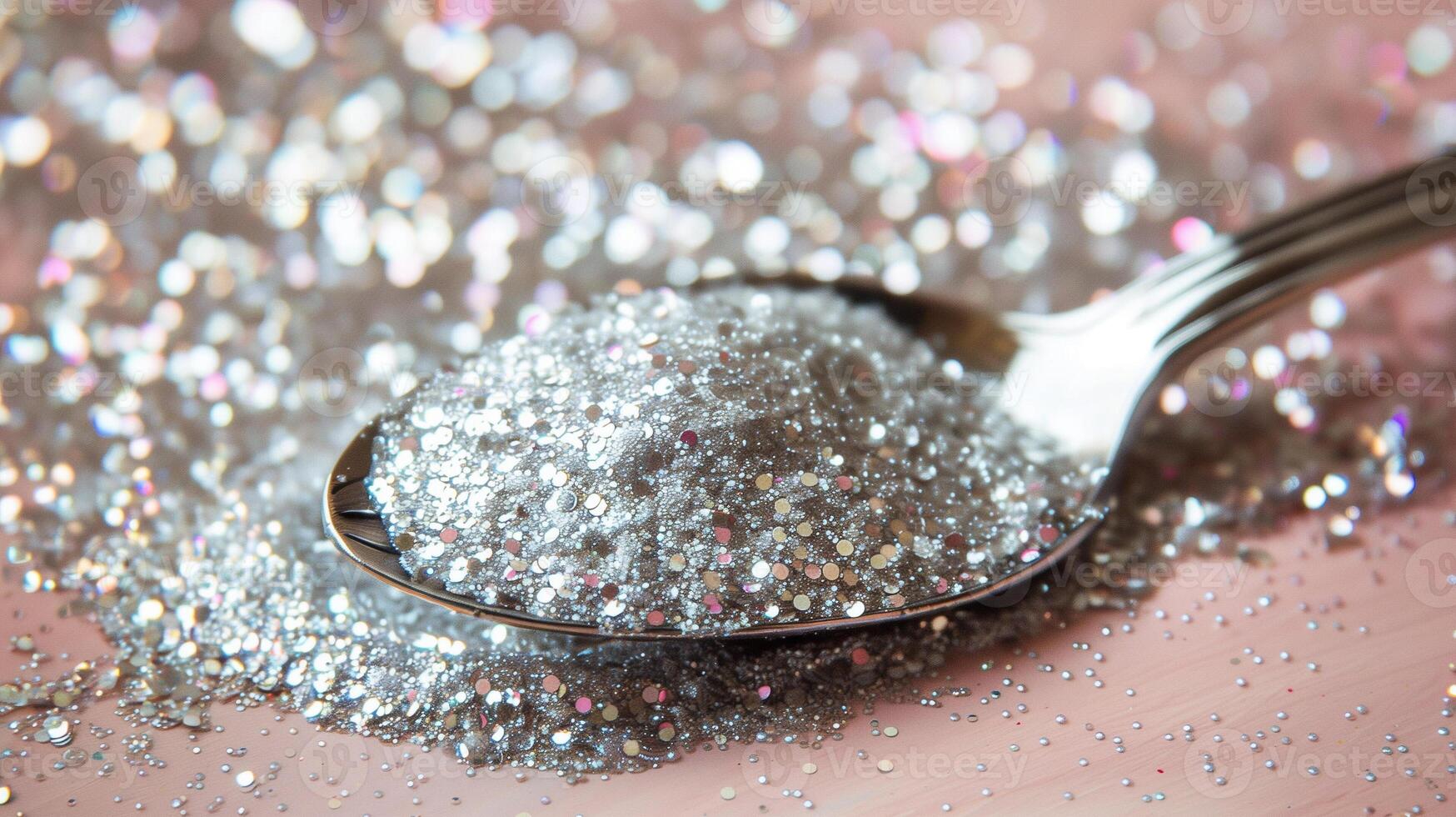 Spoonful of silver edible glitter with loose glitter on neutral background, food setting photo