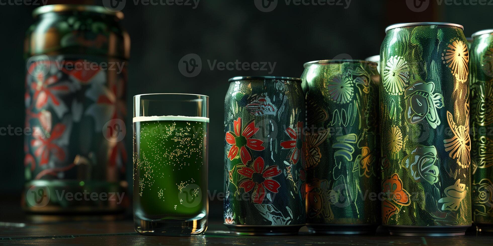 Stack of cans with unique designs beside a filled glass containing a green liquid, food setting photo