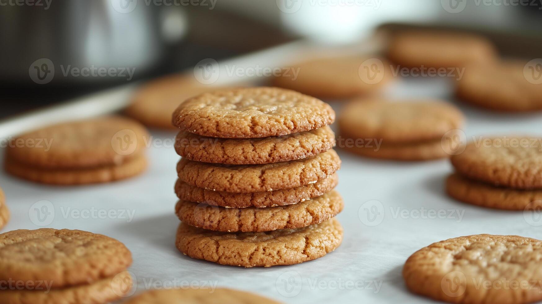 Stack of round, evenly baked cookies on a parchment paper-lined tray, meal photography photo