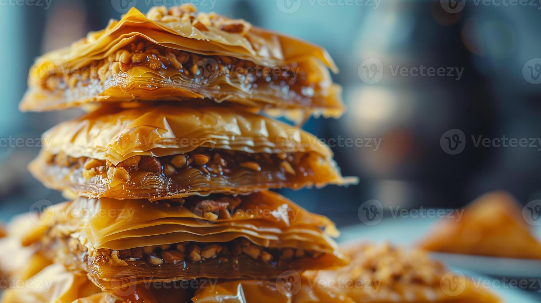 Stack of triangular baklava pieces with thin pastry layers and crushed nut filling, meal photography photo