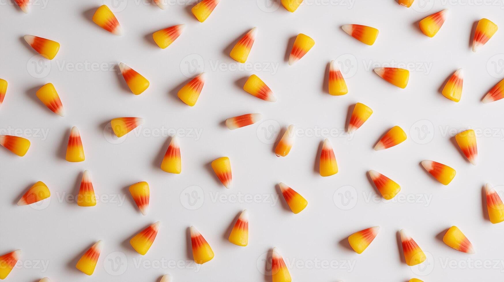 Candy corn scattered on a white surface, the classic color combination standing out against the background, meal photography photo