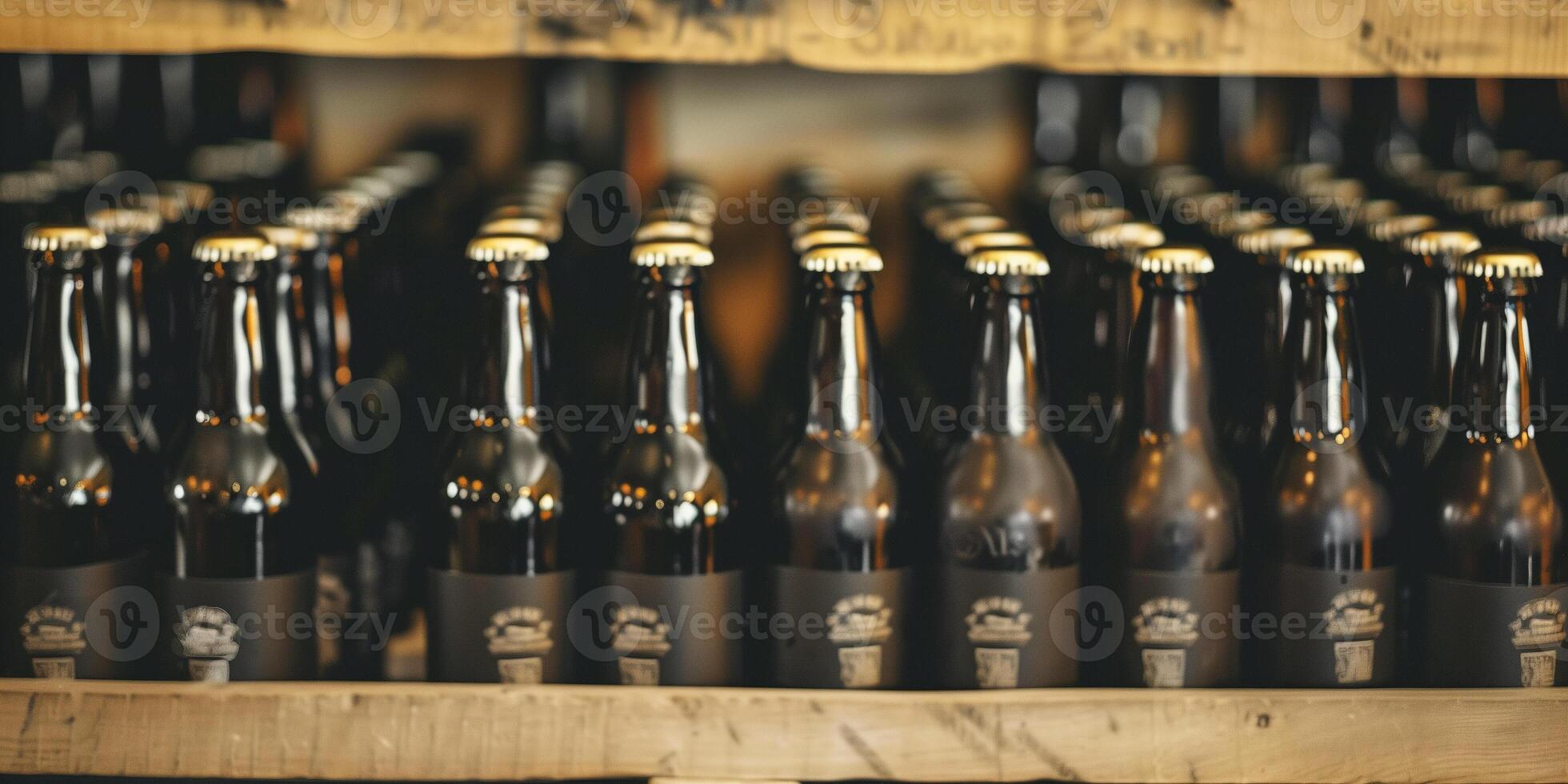 Bottles of stout beer with dark labels, arranged neatly on a wooden shelf, food setting photo