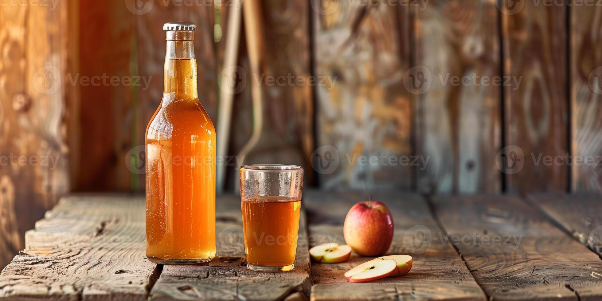 Brown glass bottle of apple cider next to a matching filled glass, set on a rustic wooden surface, food setting photo