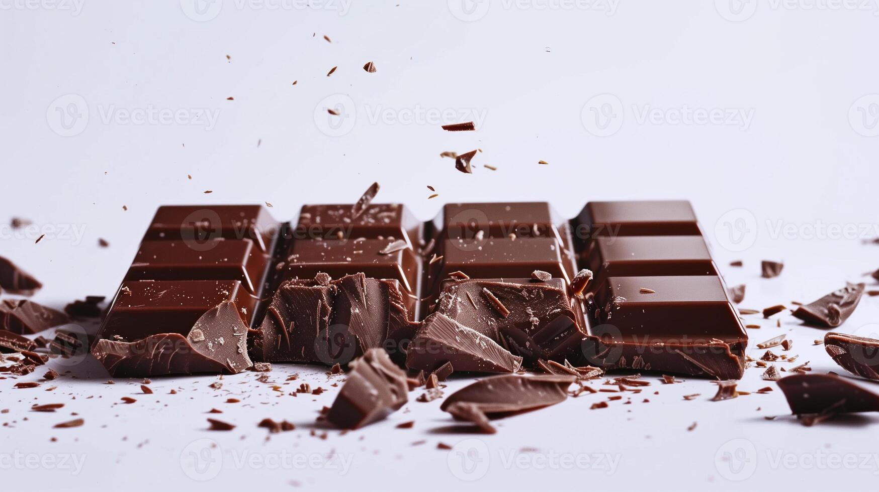 Chocolate bar with a clean break, displaying the inner texture and neatly broken pieces, food setting photo