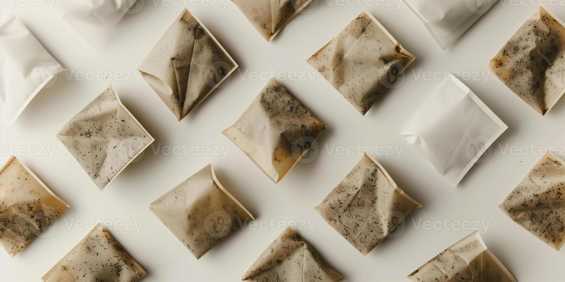 Chai tea bags arranged in a circular pattern on a white surface, meal photography photo