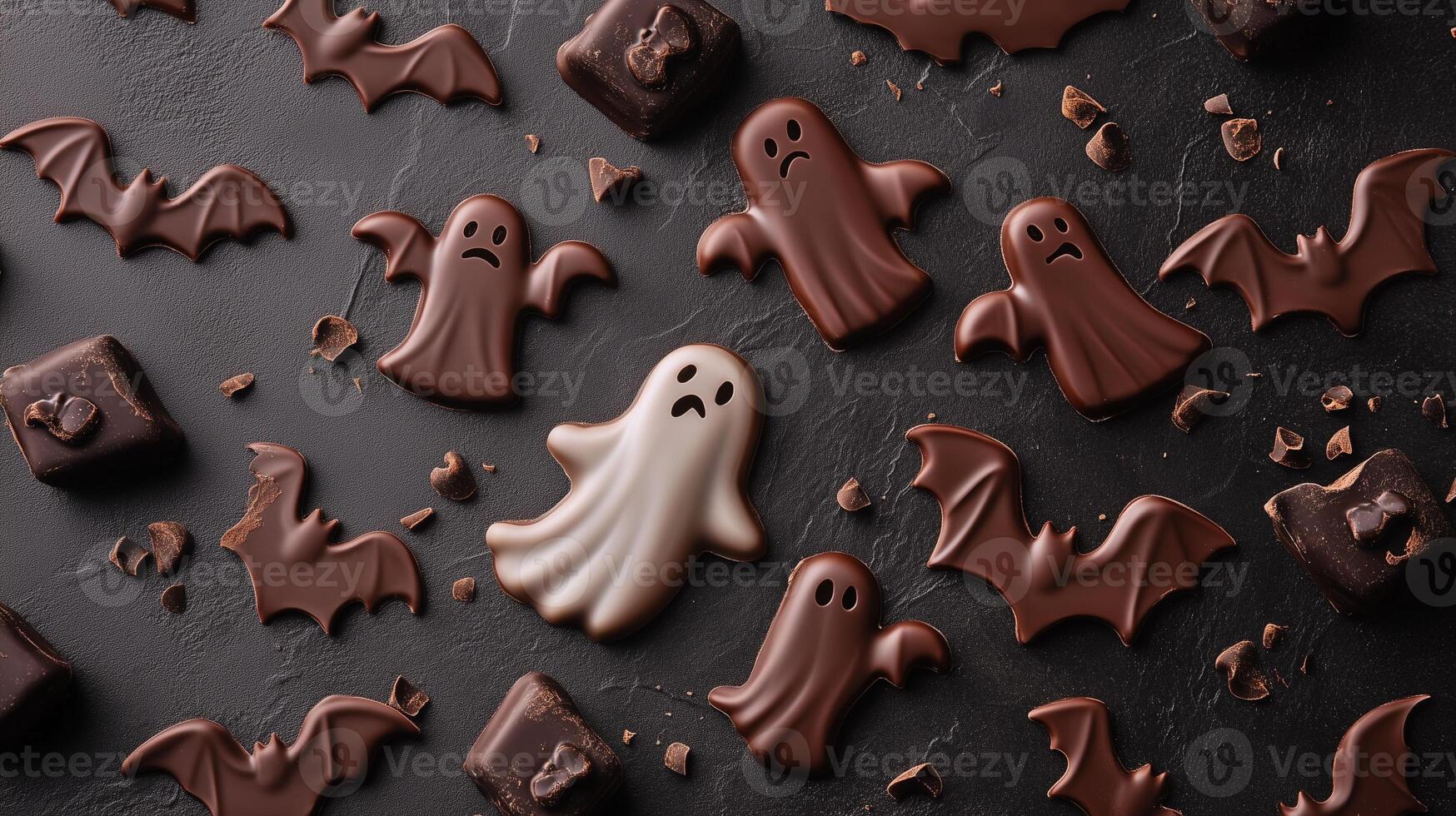 Chocolate pieces shaped like Halloween icons, such as ghosts and bats, placed on a decorative surface, meal photography photo