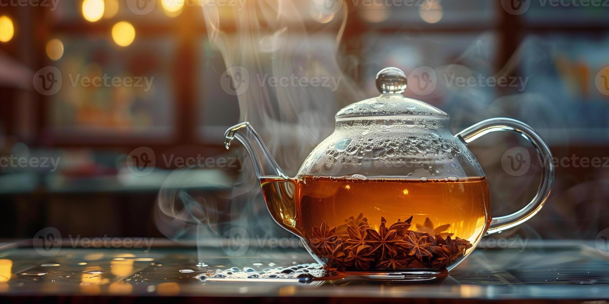 Chai tea leaves steeping in hot water within a transparent glass teapot, meal photography photo
