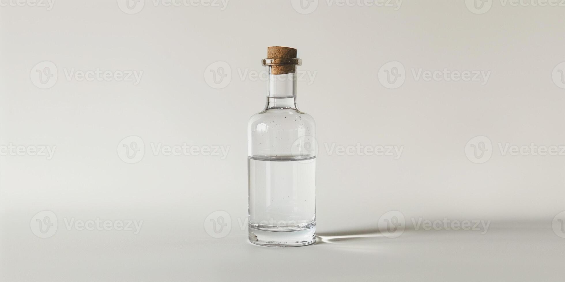 Clear glass bottle filled with dark sauce, capped with a metal lid, food setting photo
