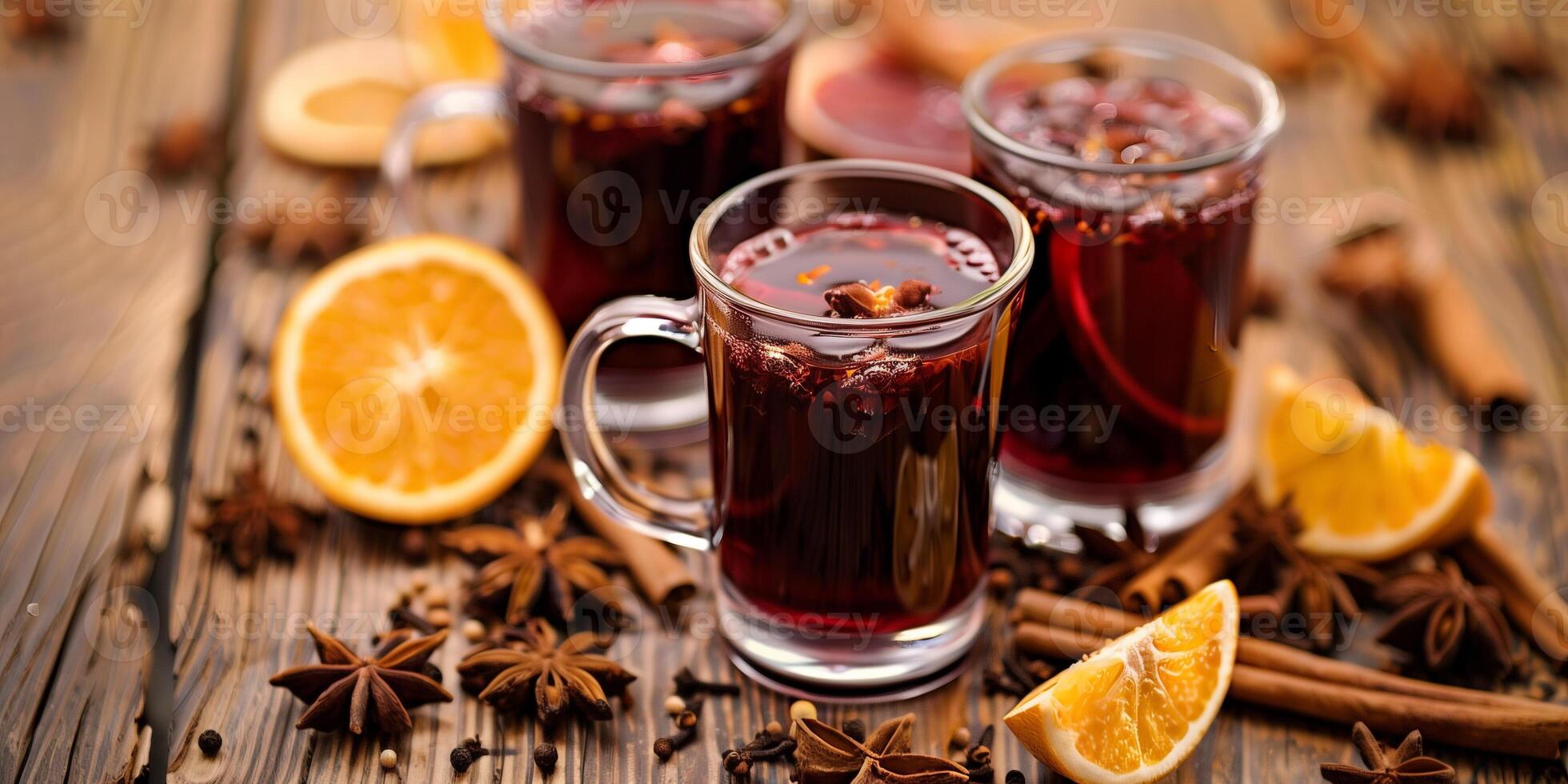 Clear mugs of mulled wine set on a wooden surface surrounded by whole spices and citrus slices, meal photography photo