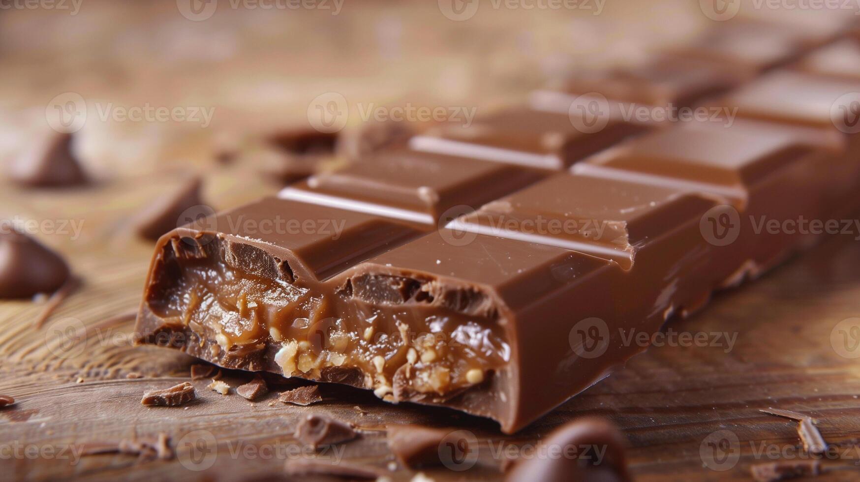 Close-up of a filled chocolate bar, highlighting the filling exposed in a broken piece, meal photography photo