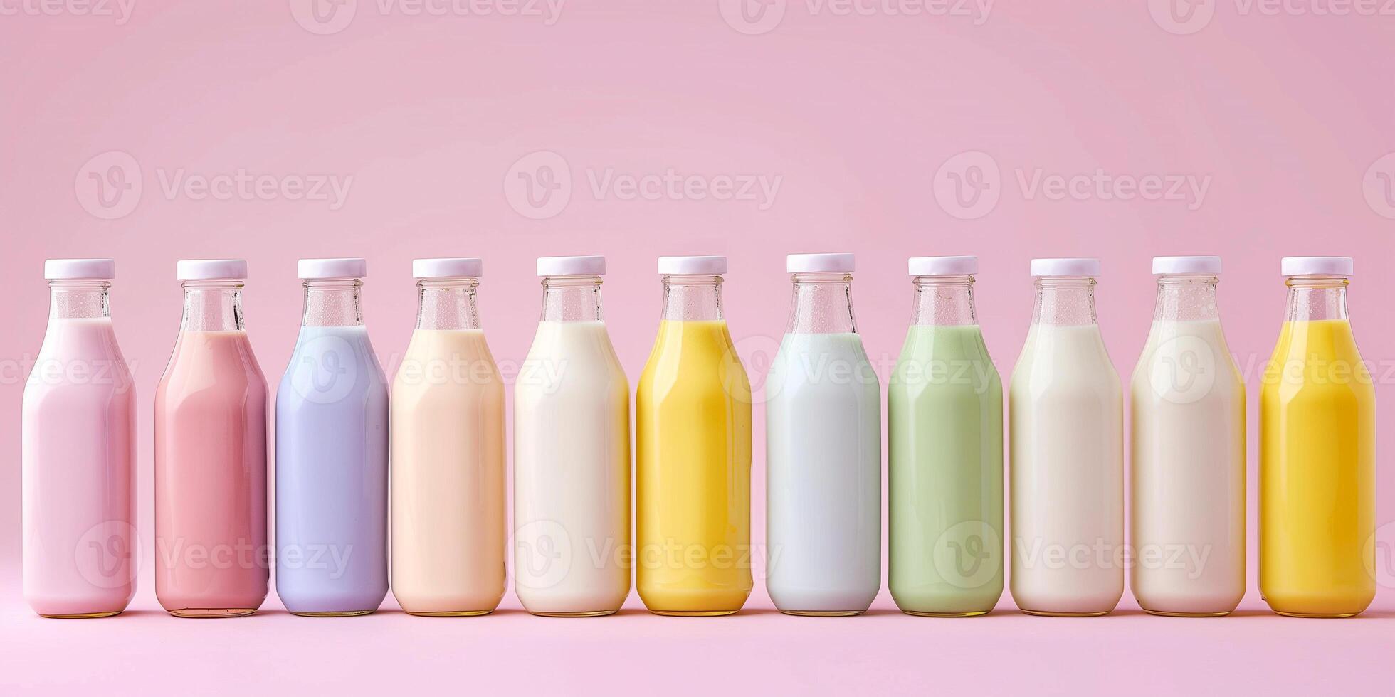 Flavored milk bottles, each with different colors, indicating various flavor options, set in a row, food setting photo