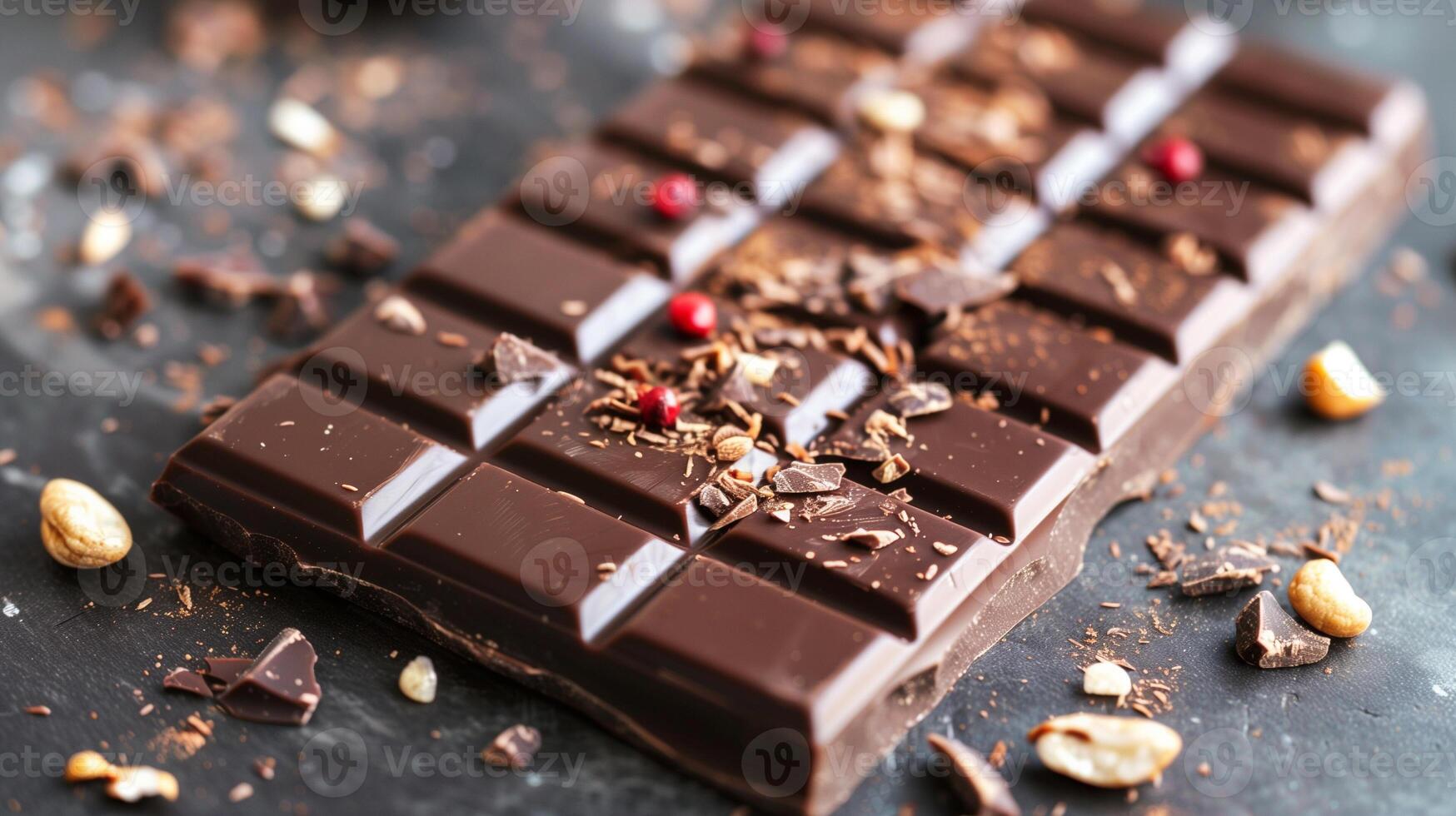 Flavored chocolate bar laid flat, with embedded flavoring elements clearly visible, food setting photo