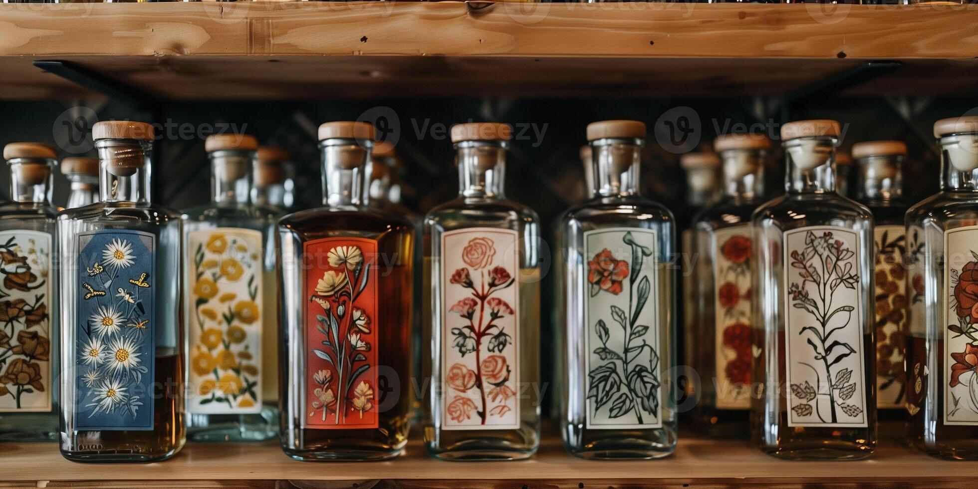 Glass bottles from a craft distillery, each with a unique, artisanal label, meal photography photo
