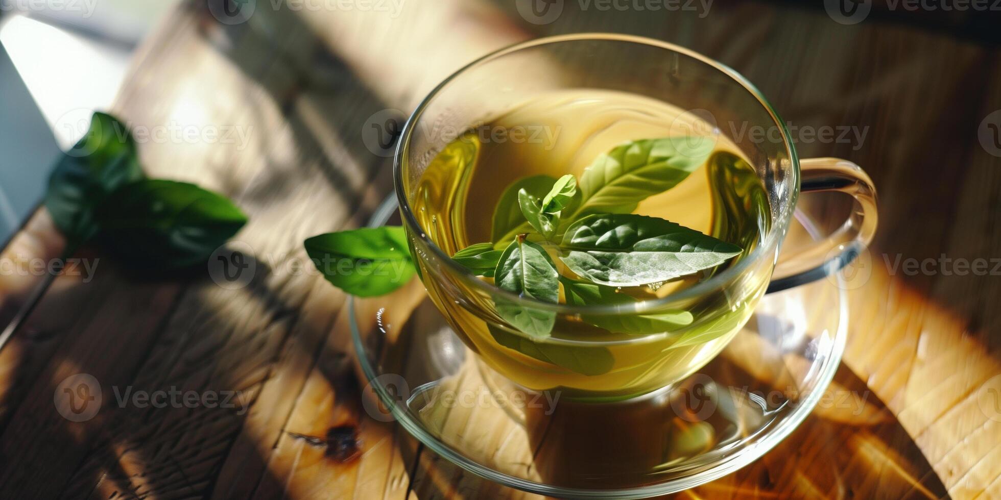 Green tea leaves floating in a clear cup of hot water on a wooden table, meal photography photo