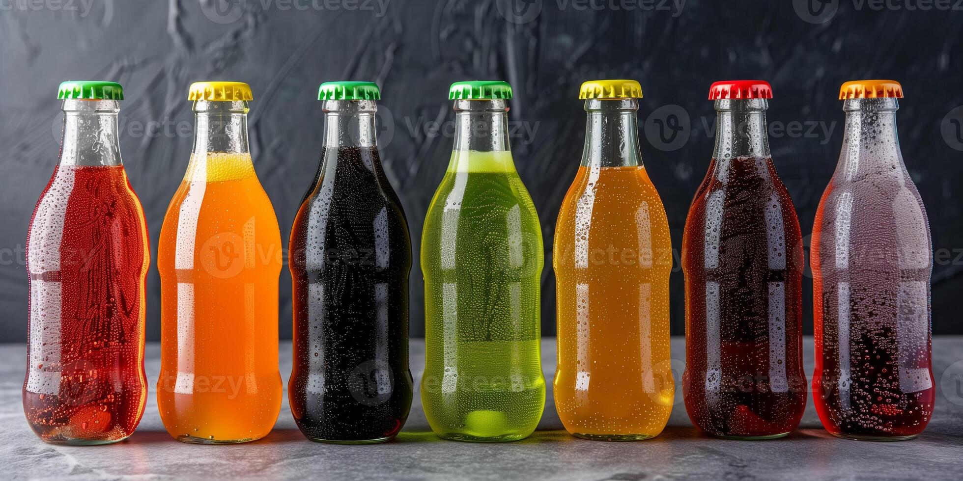 Group of healthy soda bottles, each with different flavors and clear nutritional labels, meal photography photo