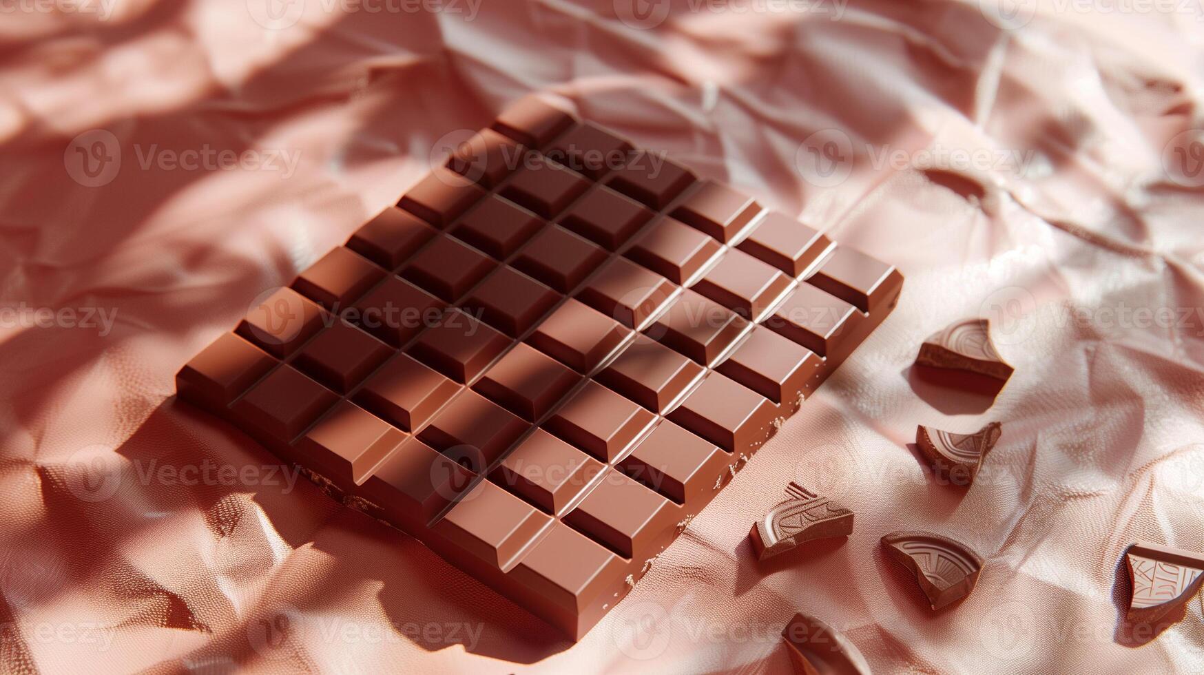 Milk chocolate bar partially unwrapped, revealing the majority of its uniform, segmented surface, food setting photo