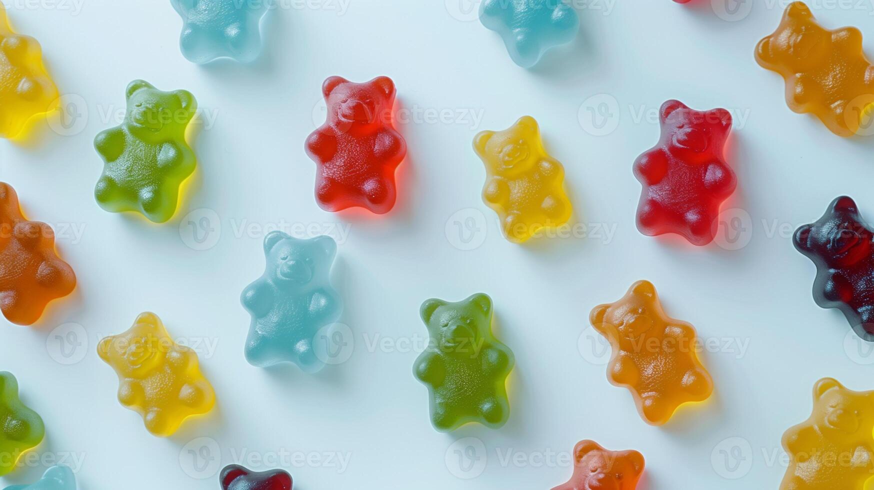 Multiple gummy bears of different colors grouped on a flat white background, food setting photo