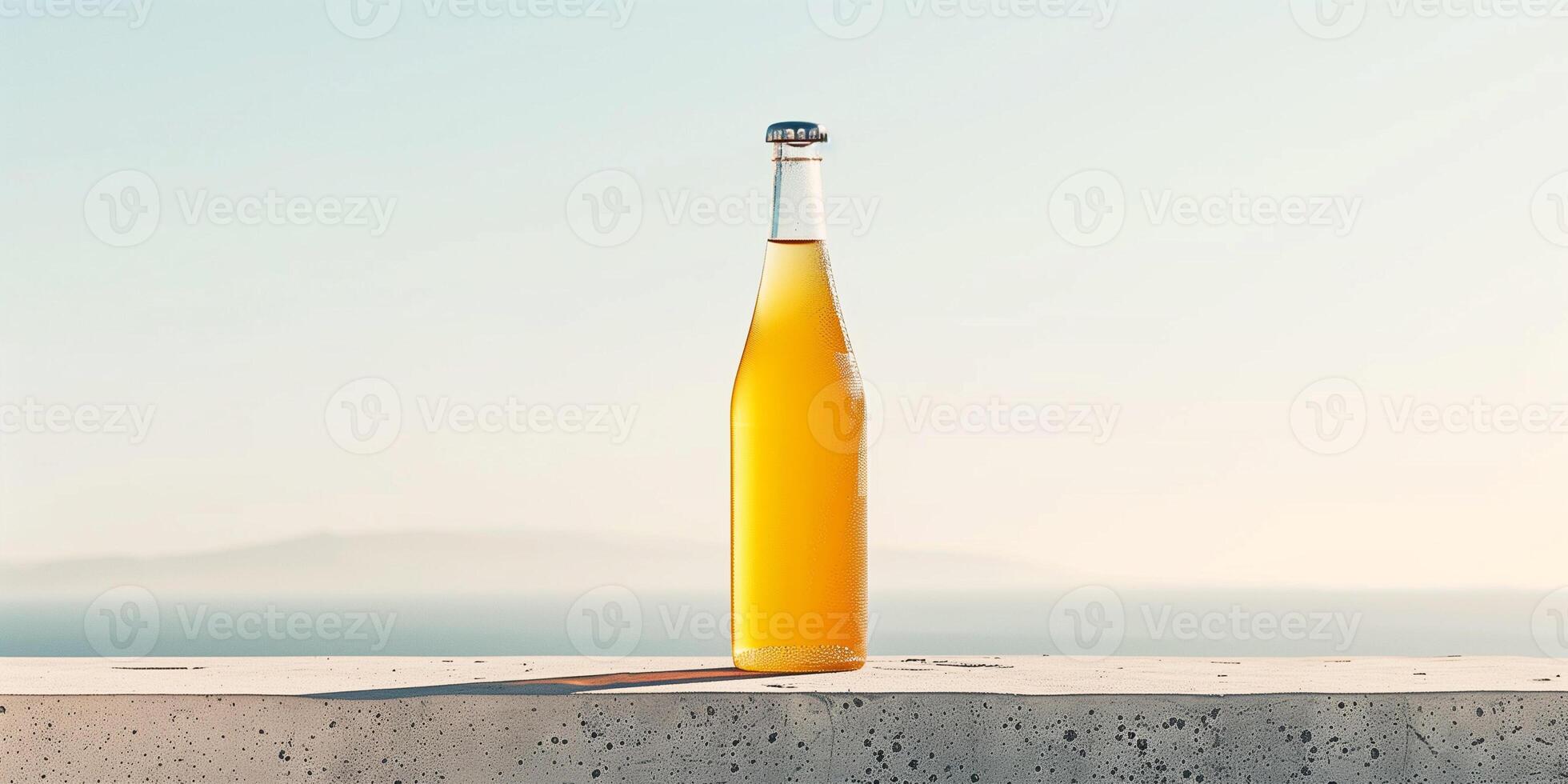 Pear cider bottle with a minimalist label, standing on a concrete surface, with a clear sky in the background, food setting photo