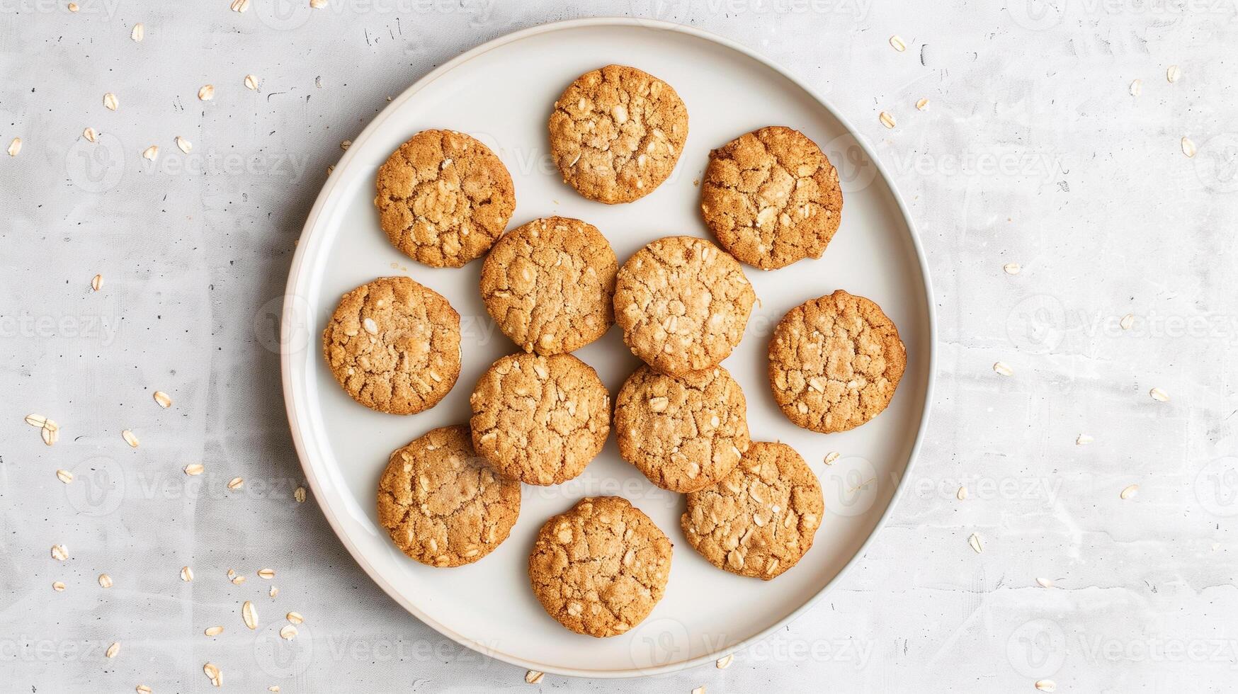 Oatmeal cookies arranged in a circular pattern on a plain white plate, food setting photo
