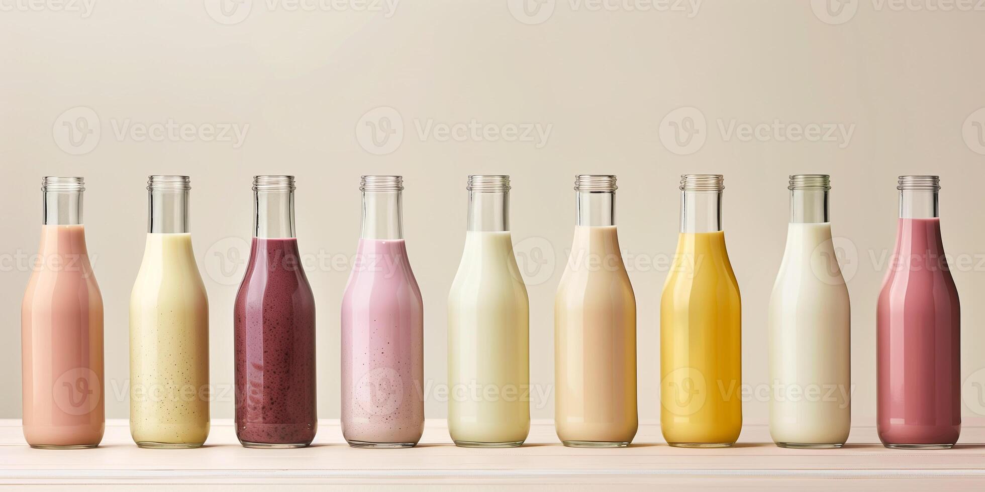 Several glass bottles with different flavored milk varieties, each marked with flavor names, food setting photo
