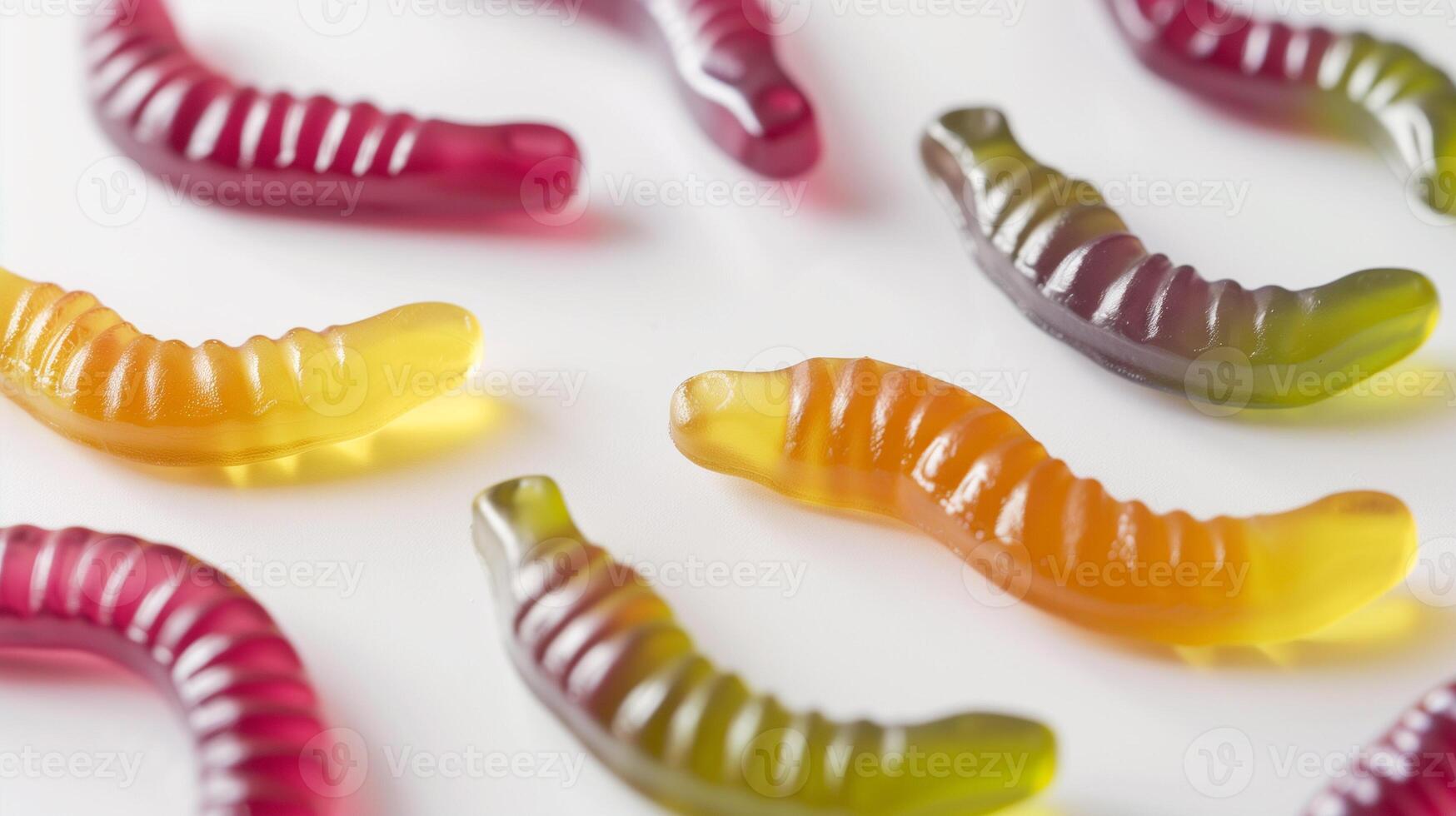 Several gummy worms in different colors spread on a smooth white surface, meal photography photo