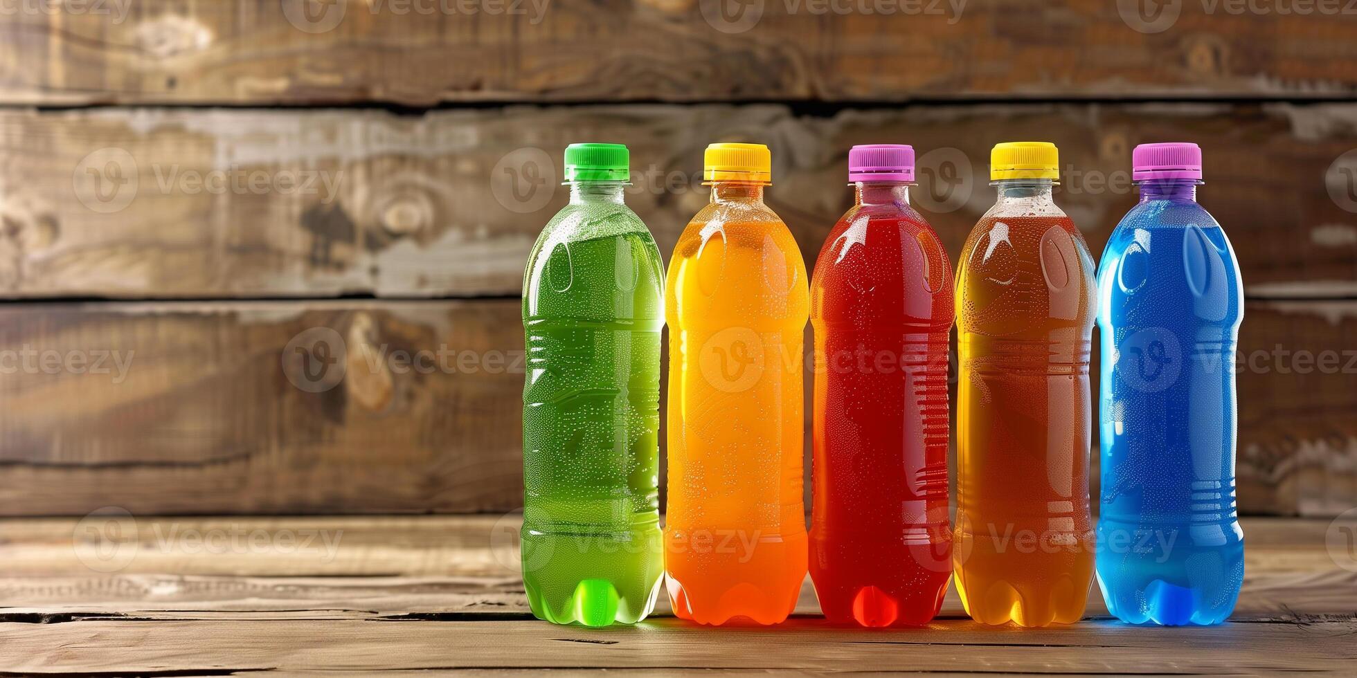 Several plastic bottles with colorful beverages, placed side by side on a smooth wooden surface, food setting photo