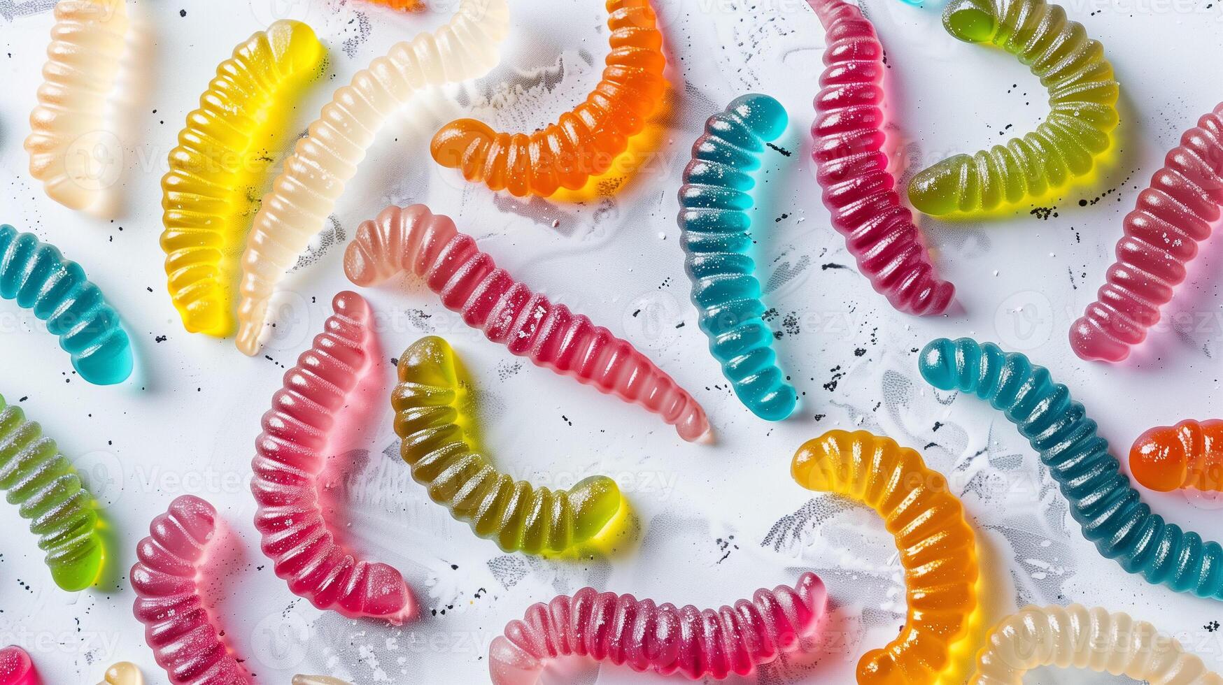 Several gummy worms of different colors and patterns scattered on a white surface, food setting photo
