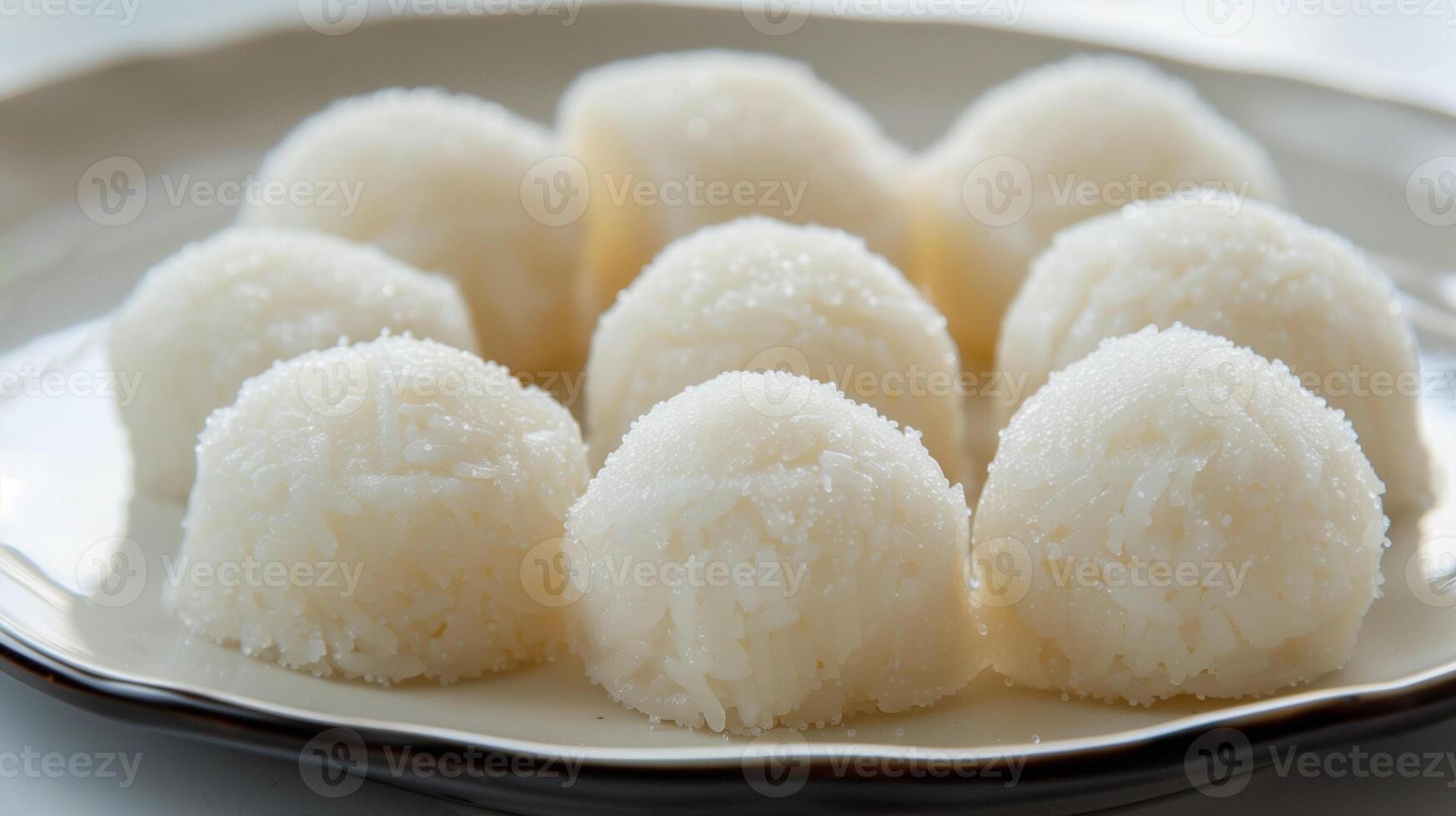 Soft round rice cakes dusted with starch on a clean white plate, meal photography photo